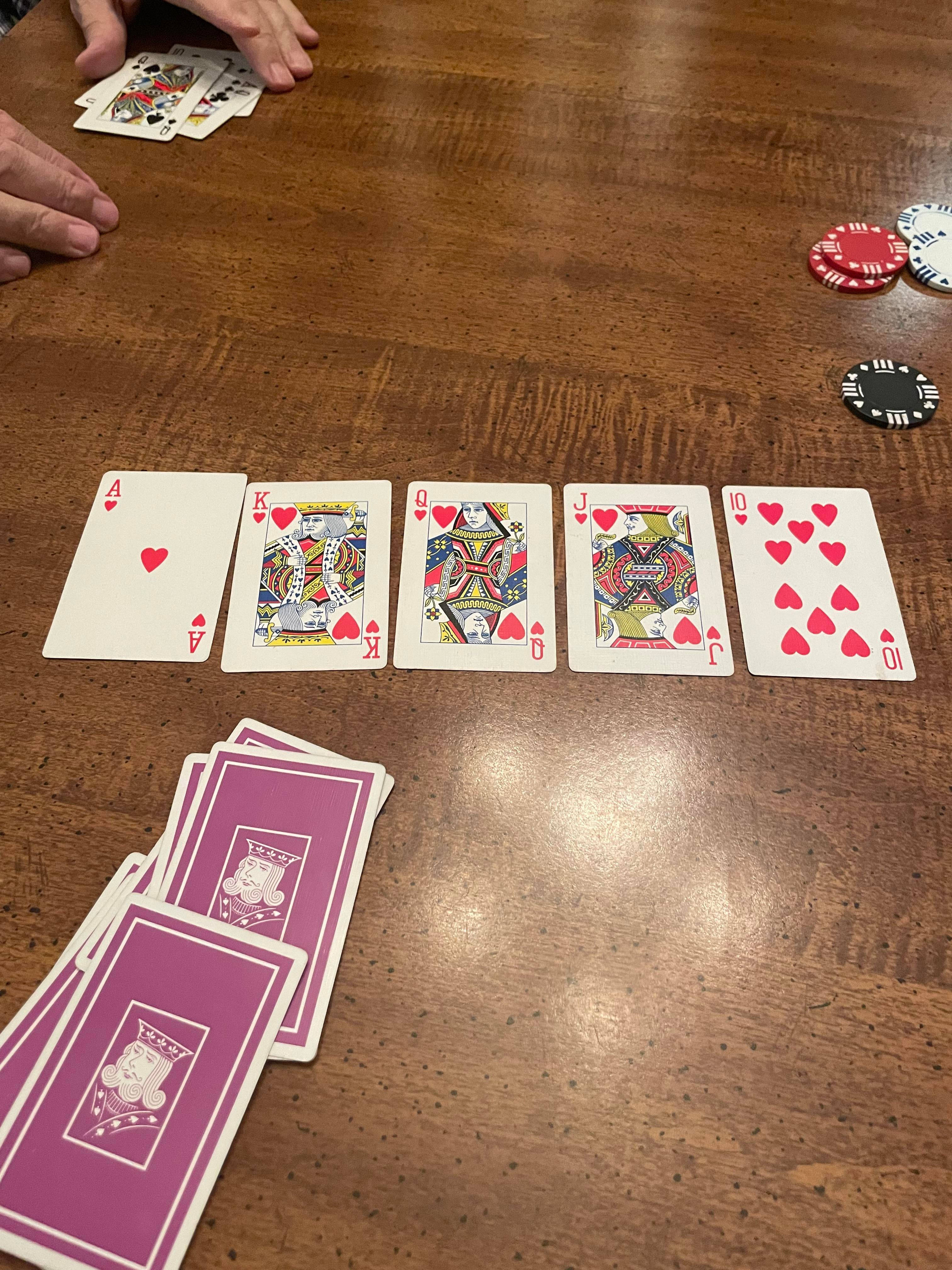 Five-card Draw, brown table, hearts cards, 4K Phone Wallpaper