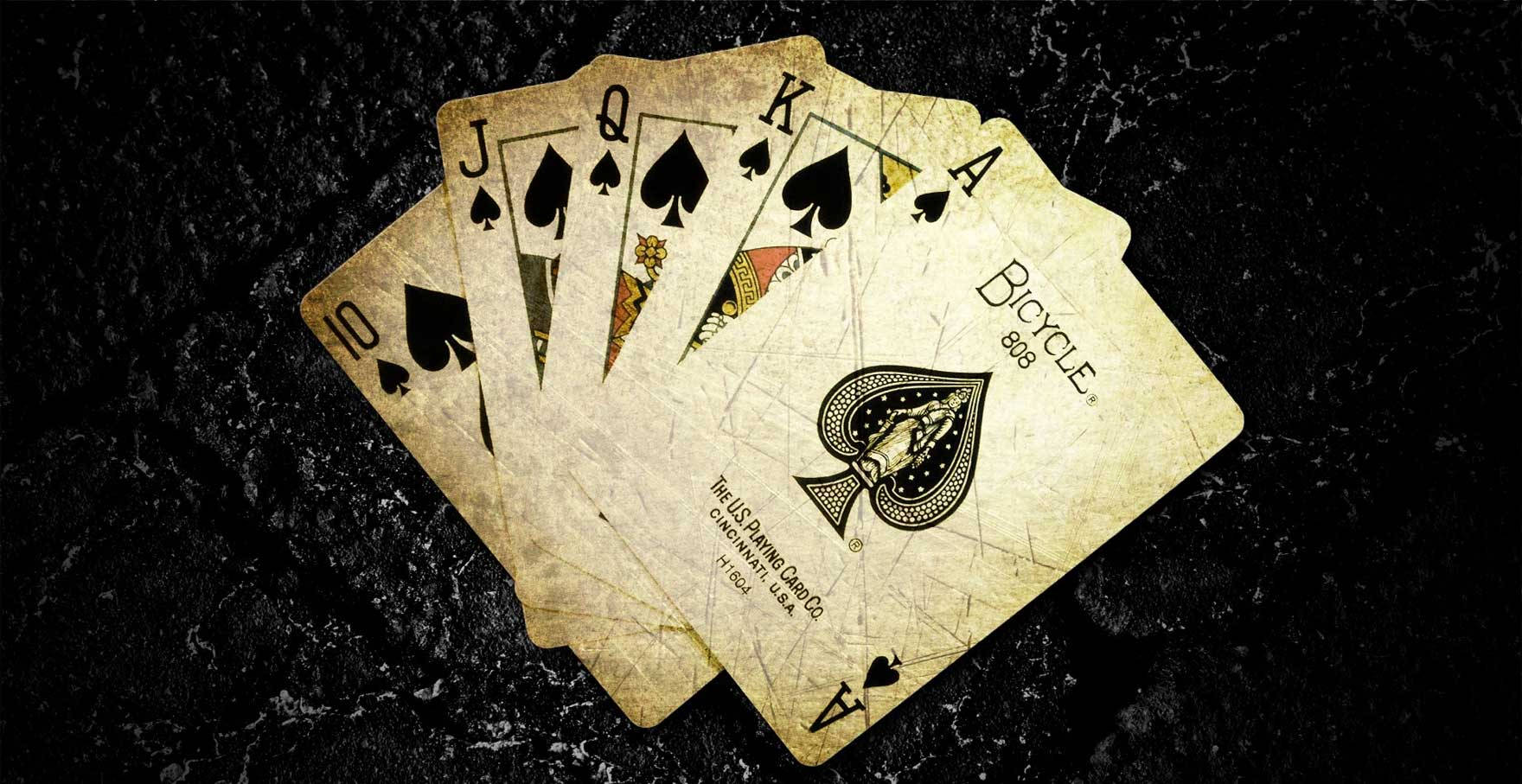 Five-Card Draw, worn spade playing cards, dark textured surface, HD Desktop Wallpaper