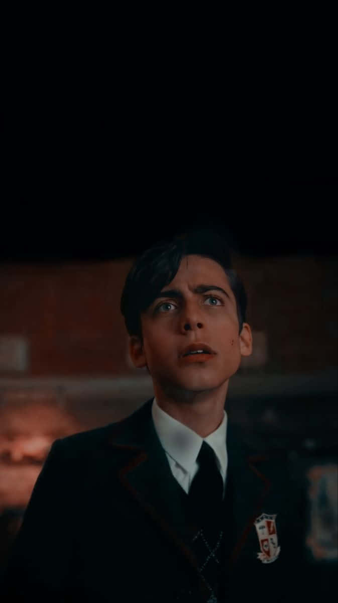 Five Hargreeves, dark school uniform, dimly lit brick room, SD Phone Wallpaper