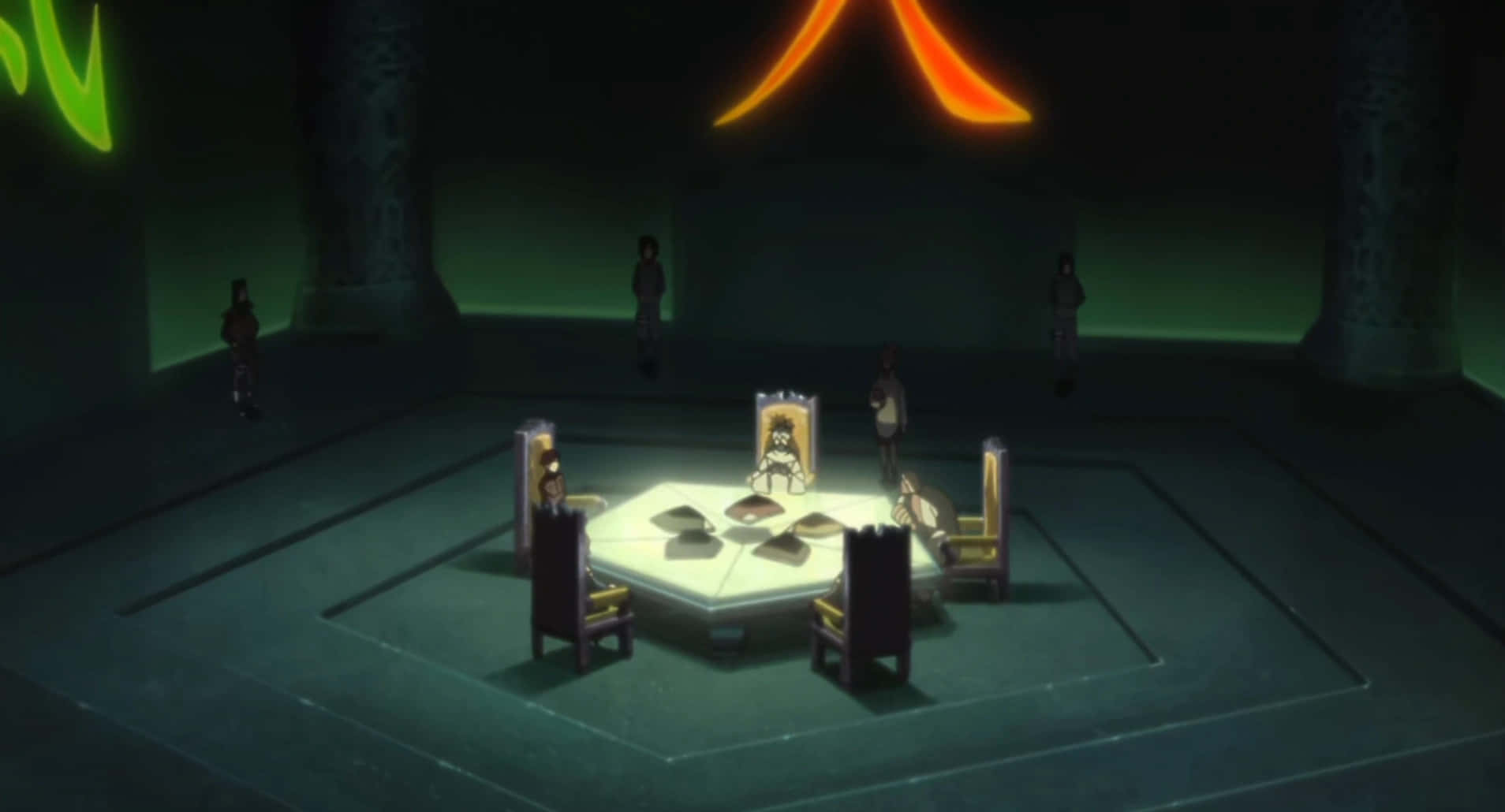 Five Kage Summit, anime chamber, glowing neon arches, HD Desktop Wallpaper