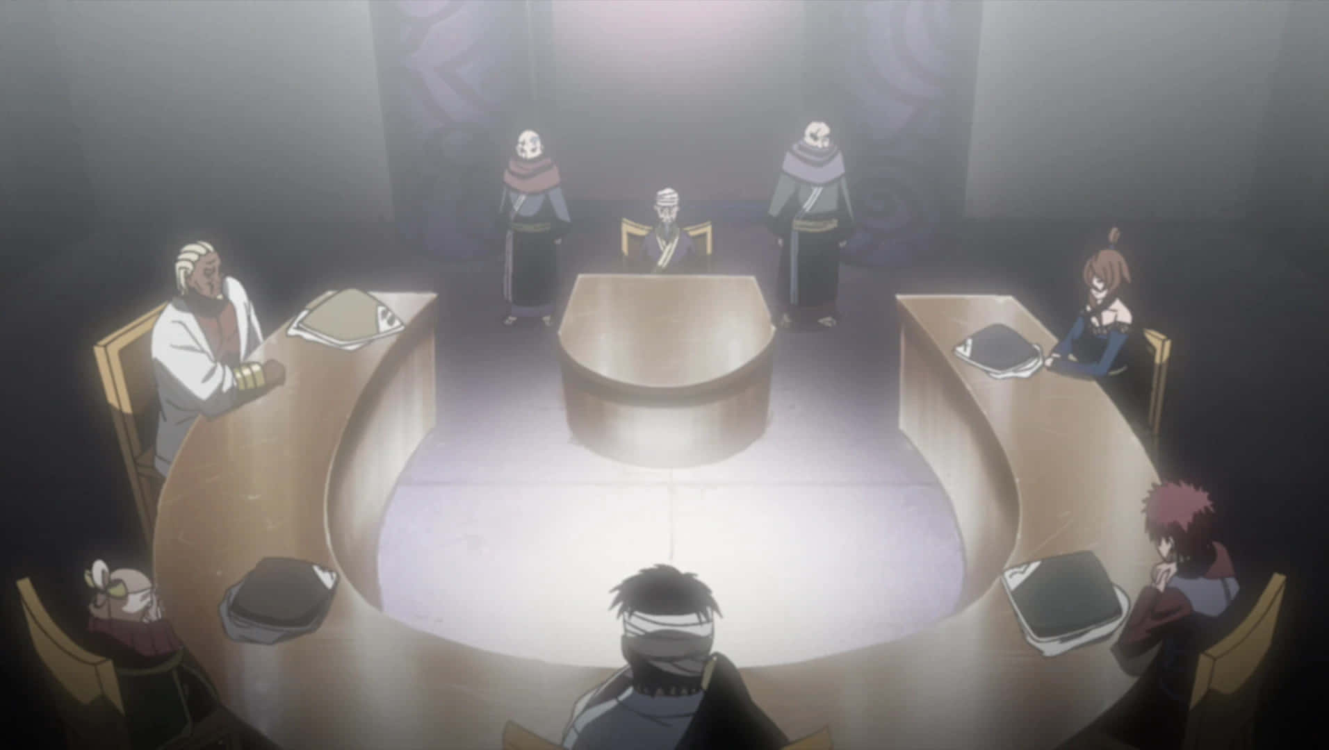 Five Kage Summit, glowing circular table, dimly lit meeting room, HD Desktop Wallpaper