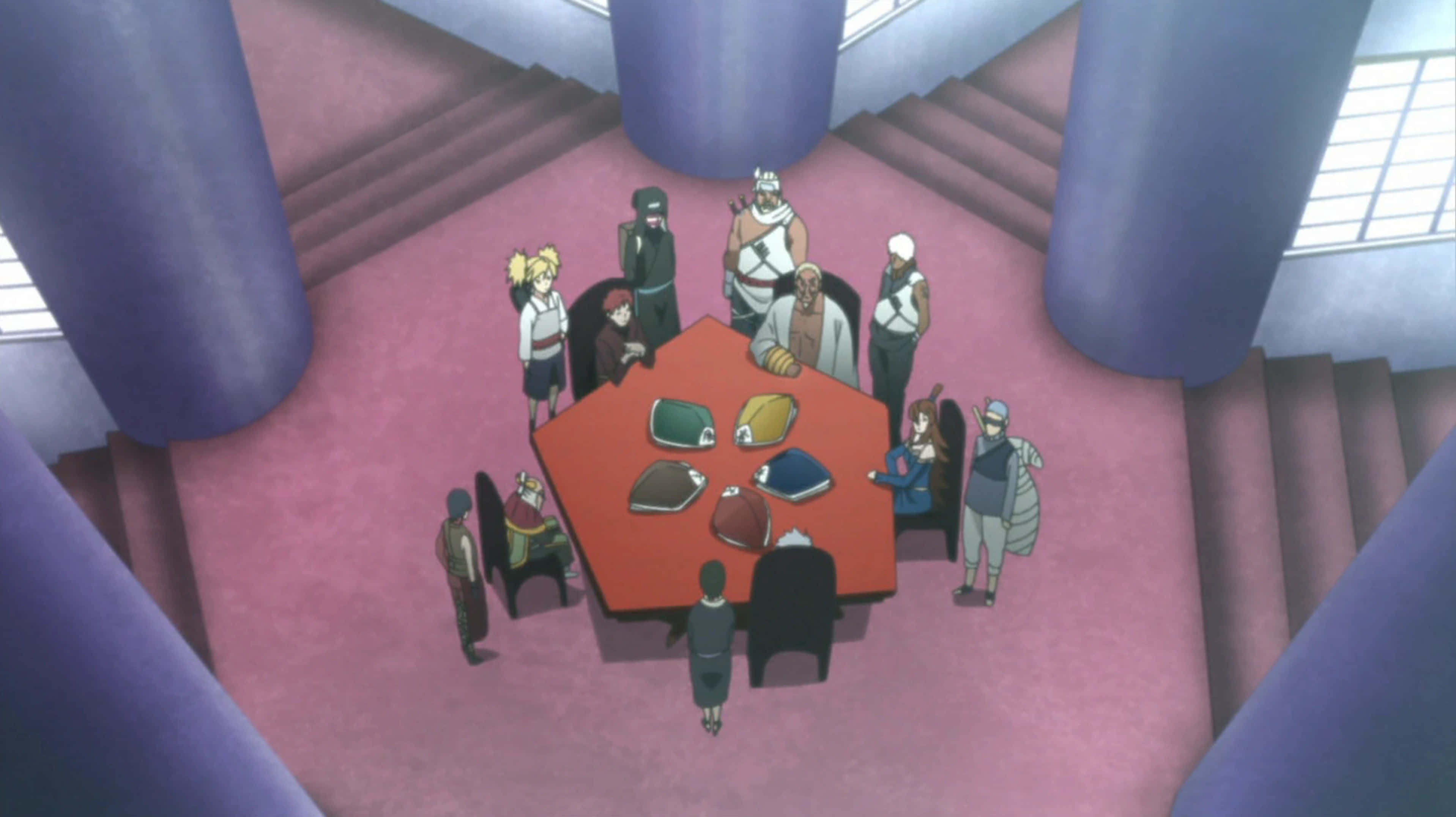 Five Kage Summit, red hexagonal table, grand hall, 2K Desktop Wallpaper