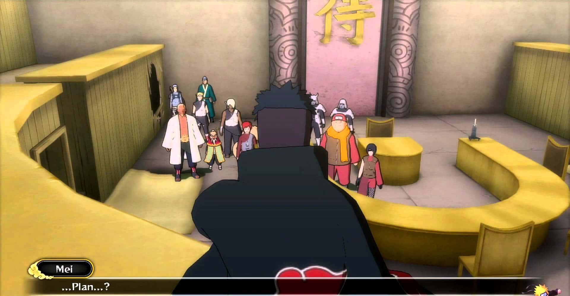 Five Kage Summit, kanji character, yellow curved benches, Full HD Desktop Wallpaper