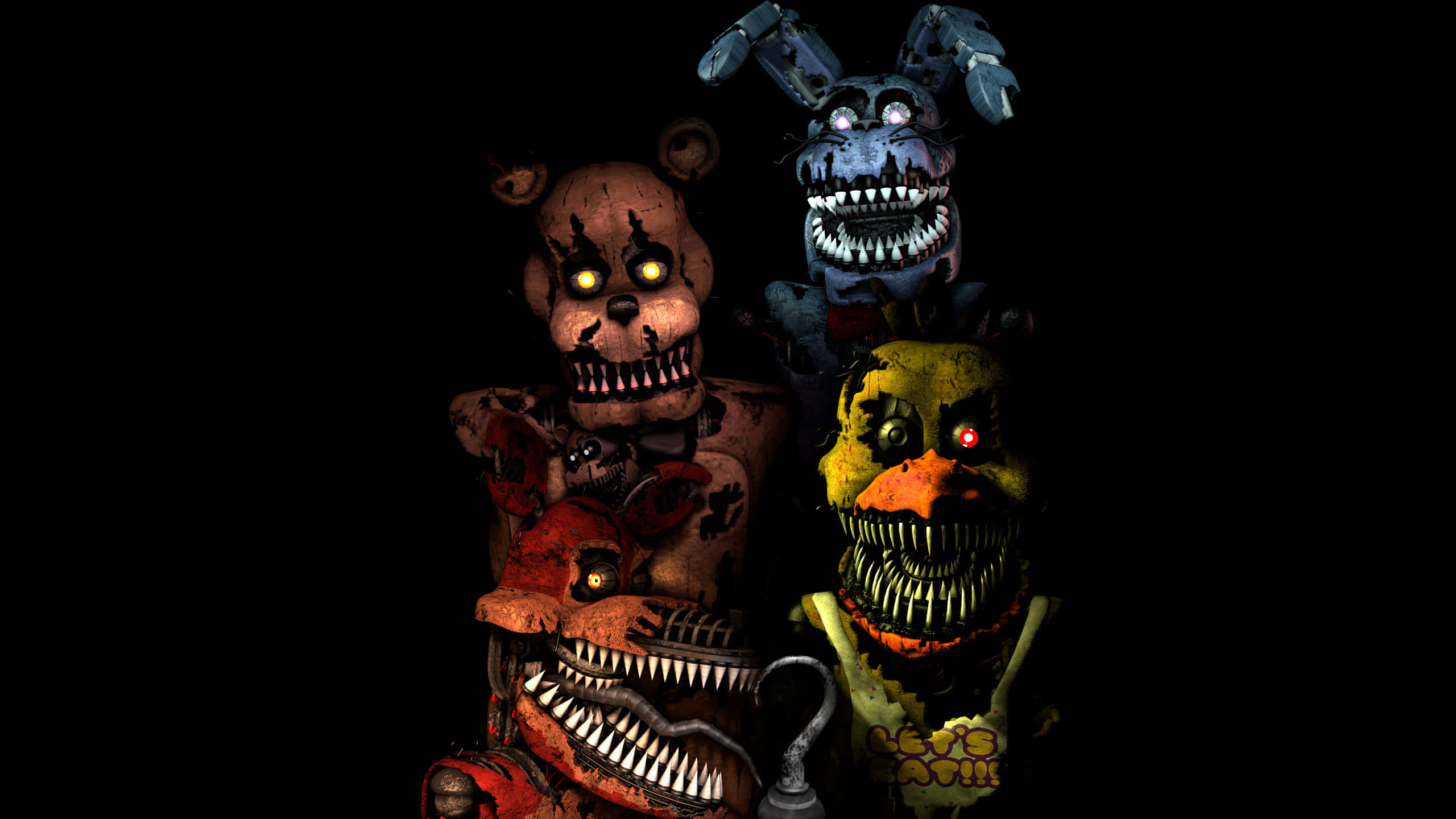 Five Nights At Freddys 4, animatronic characters, glowing eyes, 2K Desktop Wallpaper