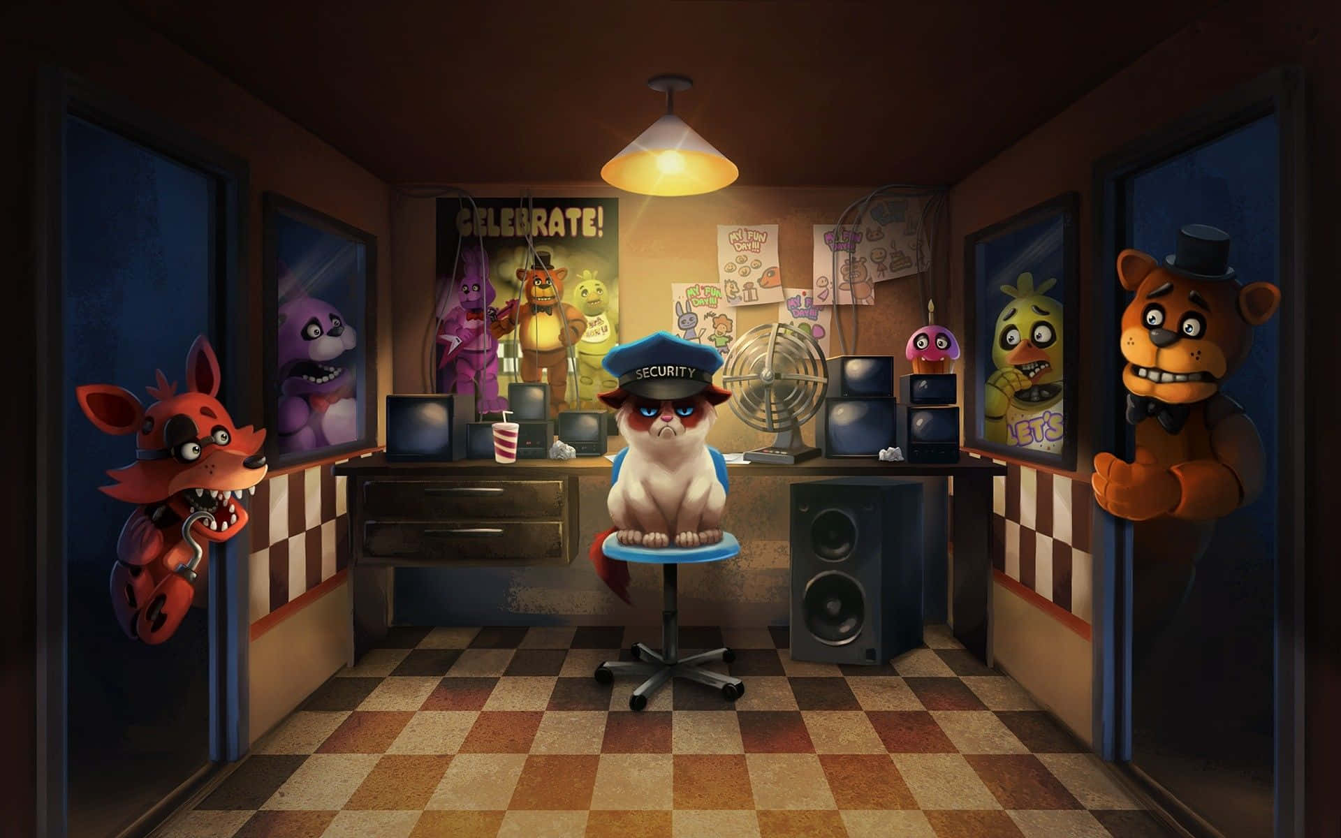 Five Nights At Freddys, security hat, dimly lit pizzeria office, Full HD Desktop Wallpaper