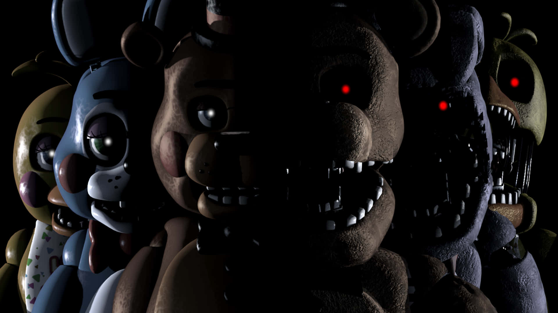 Five Nights At Freddys, animatronic characters, glowing red eyes, Full HD Desktop Wallpaper