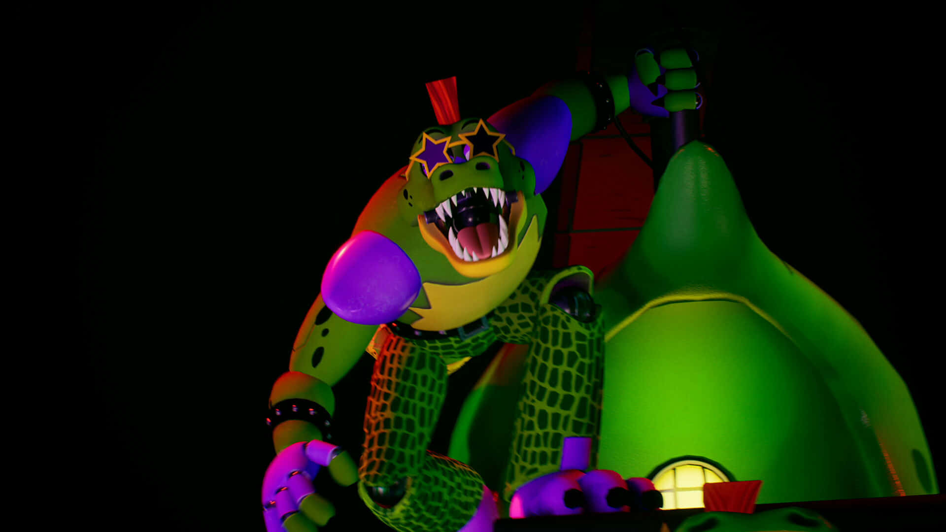 Five Nights At Freddys, animatronic alligator, purple accents, Full HD Desktop Wallpaper