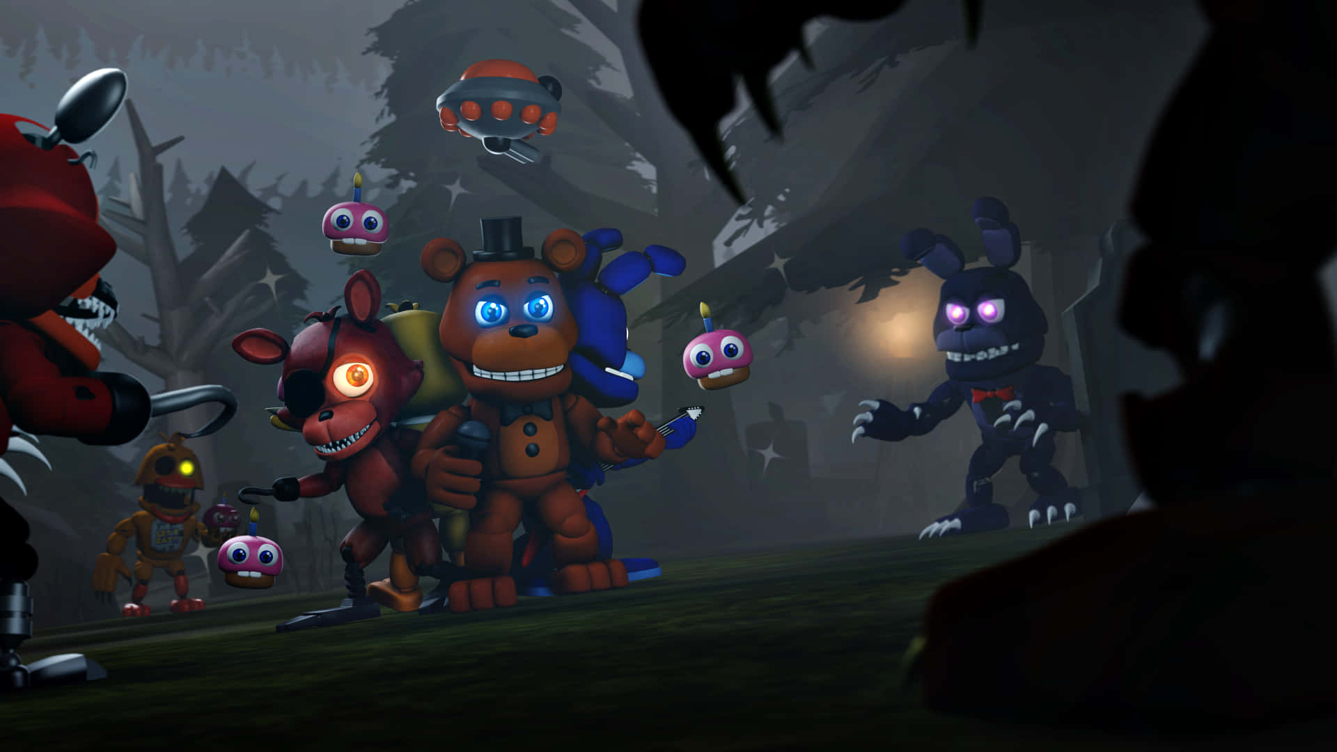 Five Nights At Freddys 4, animatronic characters, dark forest, Full HD Desktop Wallpaper