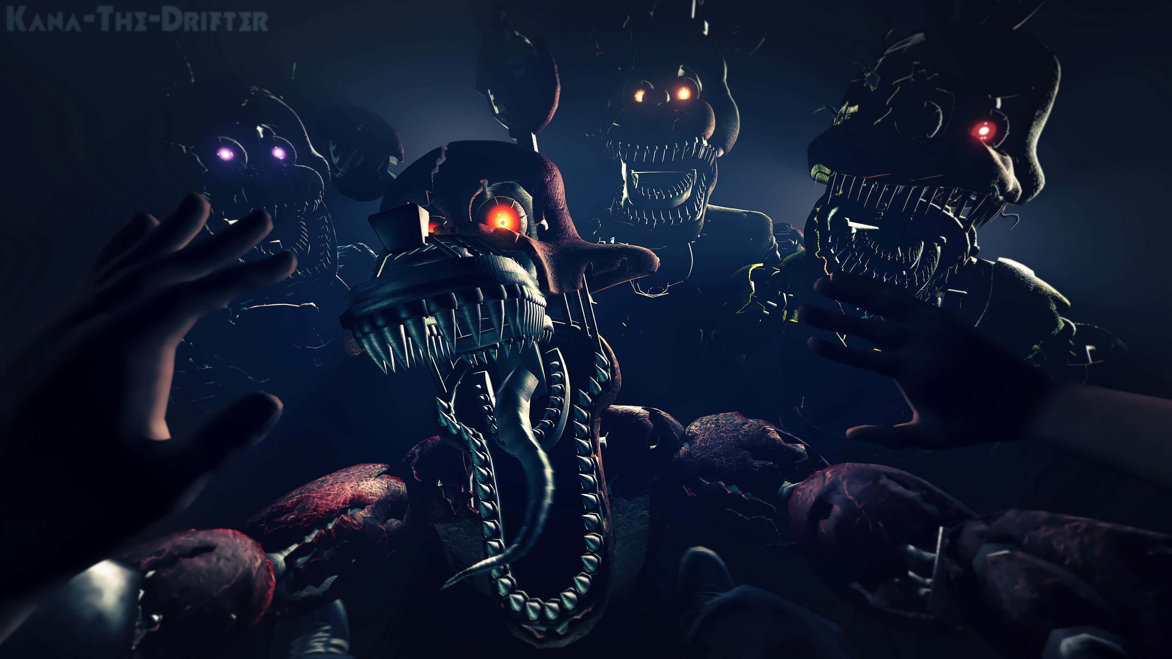 Five Nights At Freddys, animatronic monsters, glowing-eyed, 4K Desktop Wallpaper