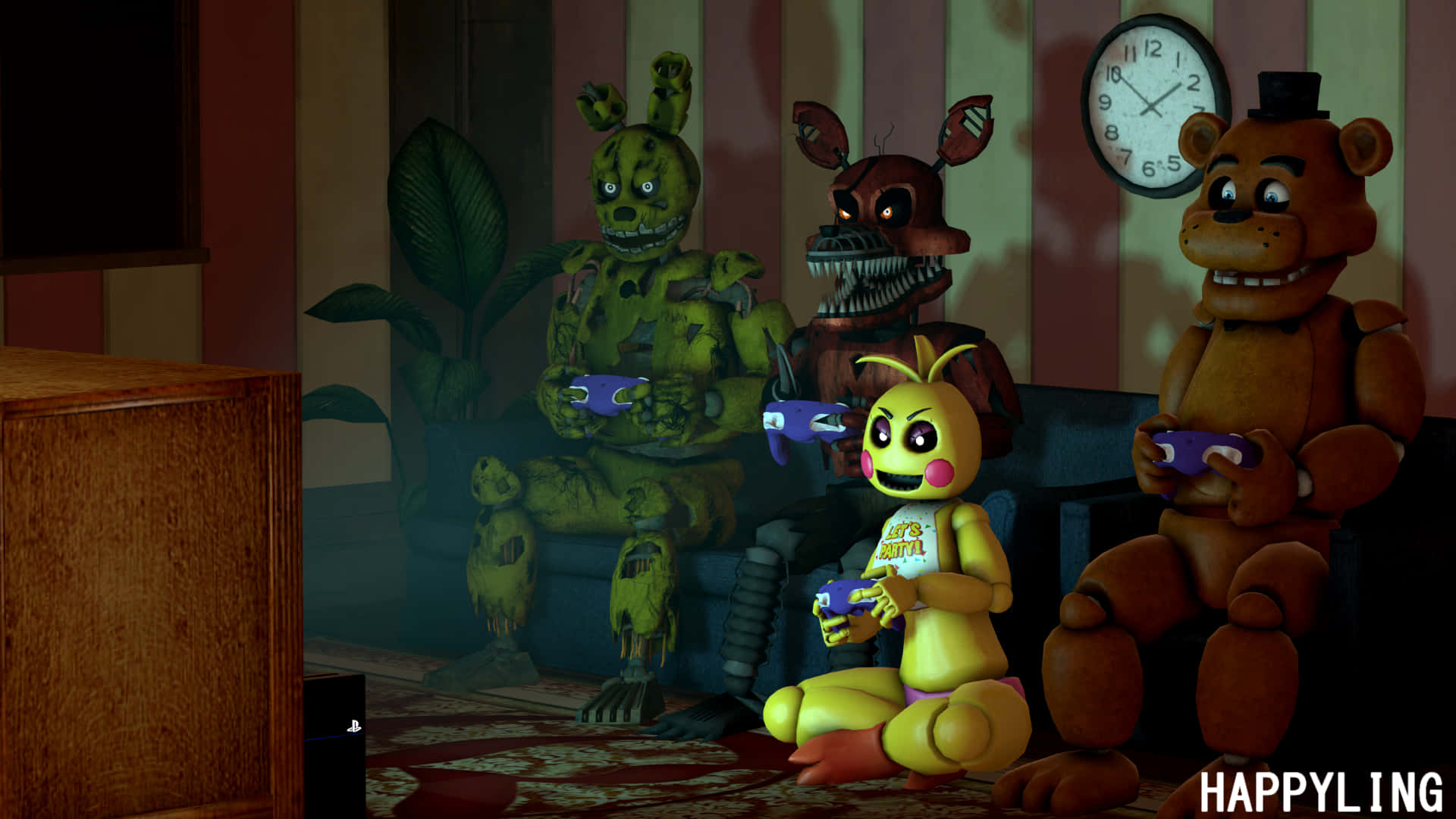Five Nights At Freddys, animatronic characters, couch, Full HD Desktop Wallpaper