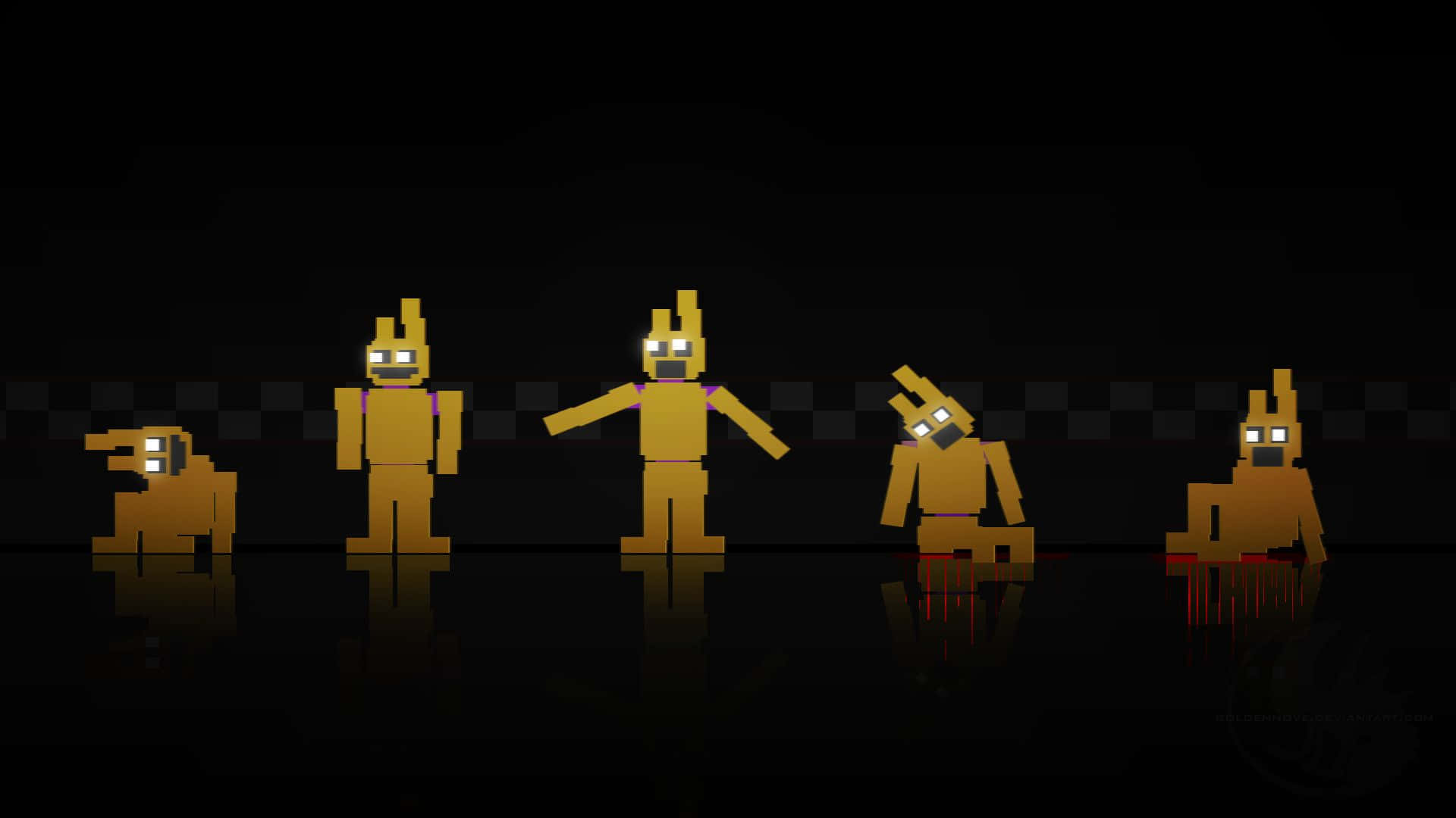 Five Nights At Freddys, pixelated animatronic characters, reflective black floor, Full HD Desktop Wallpaper