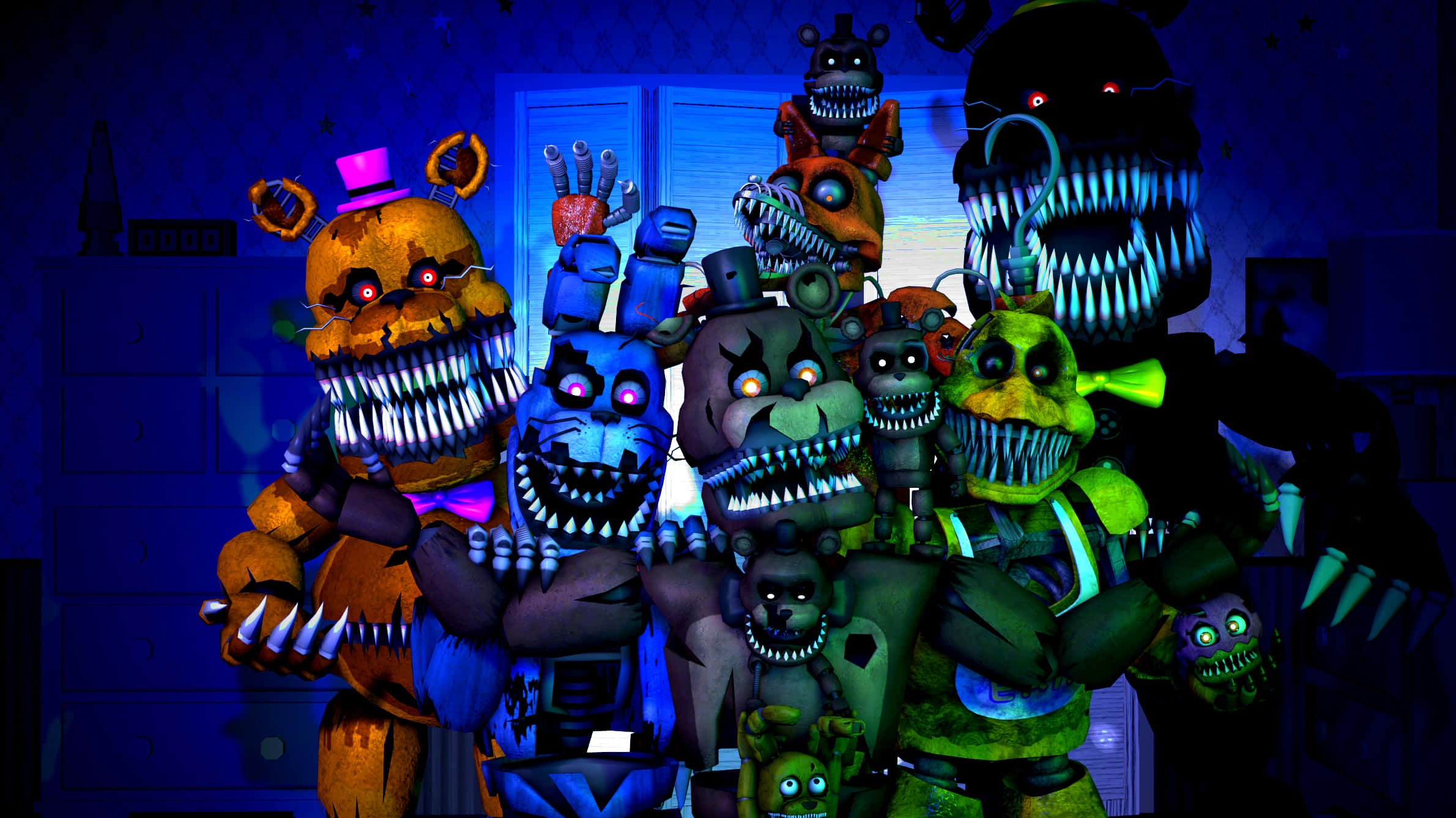 Five Nights At Freddys 4, animatronic monsters, glowing-eyed, Full HD Desktop Wallpaper