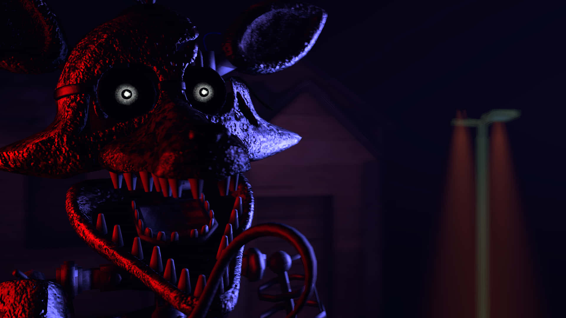 animatronic fox, glowing eyes, sharp teeth, Full HD Desktop Wallpaper