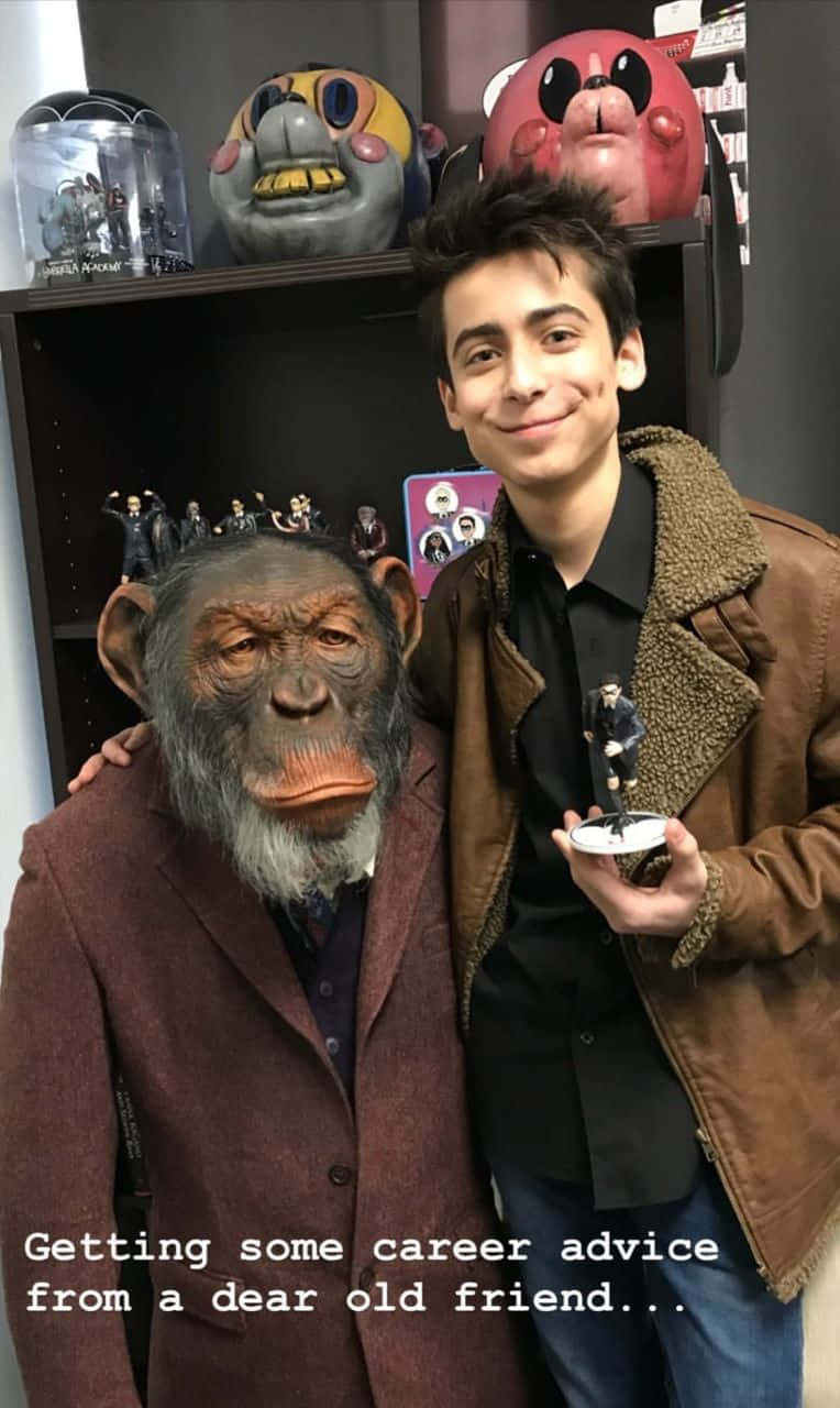 Five Umbrella Academy, chimpanzee in a suit, collectibles on shelves, HD Phone Wallpaper