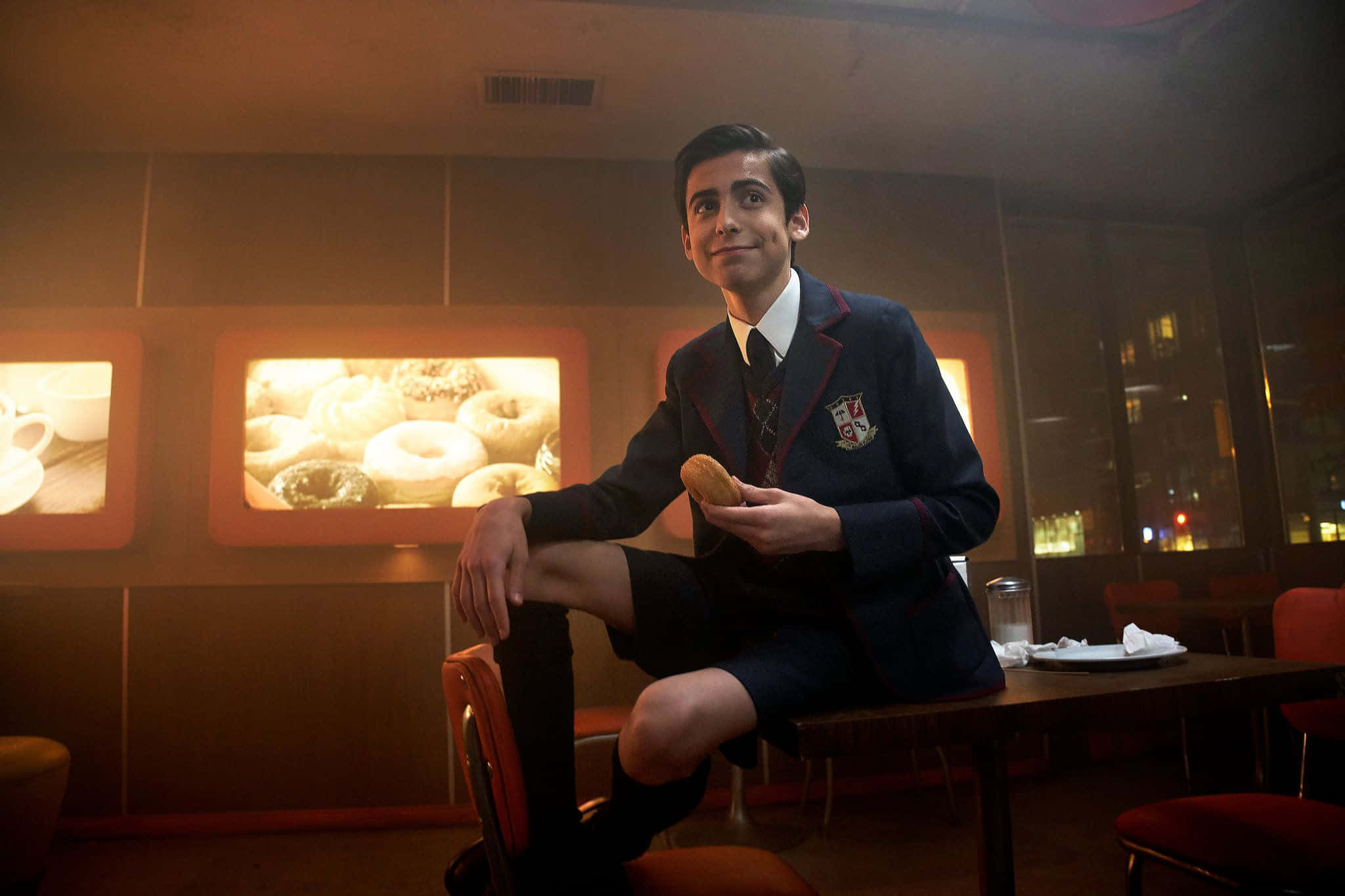 Five Umbrella Academy, school uniform, diner chair, Full HD Desktop Wallpaper