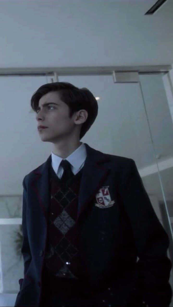 Five Umbrella Academy, school uniform, modern hallway, HD Phone Wallpaper