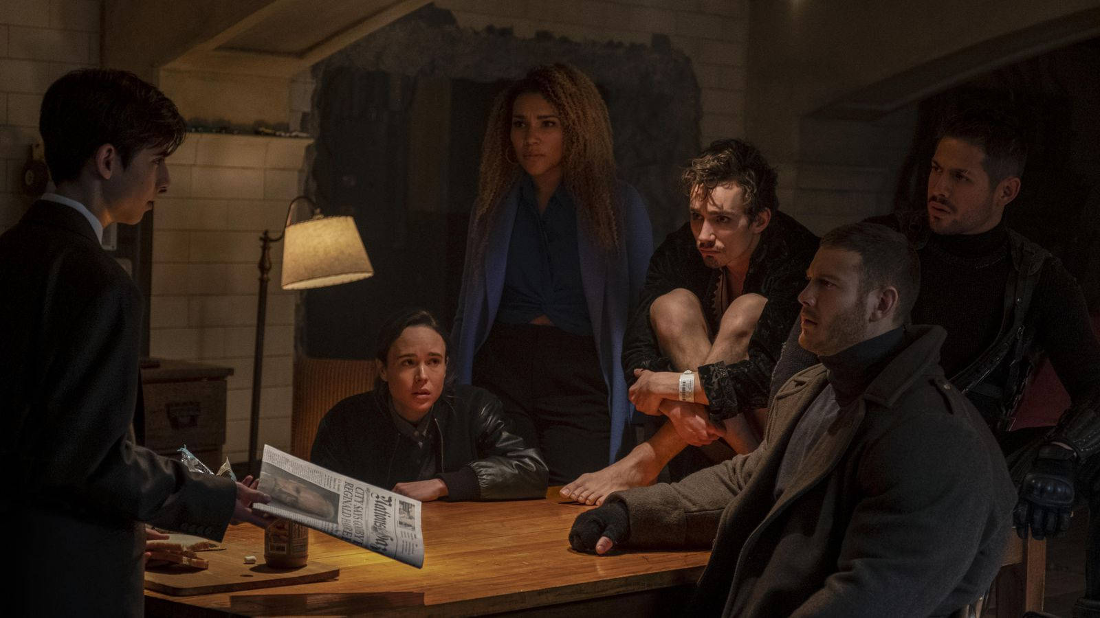 The Umbrella Academy, six people, dimly lit room, HD Desktop Wallpaper
