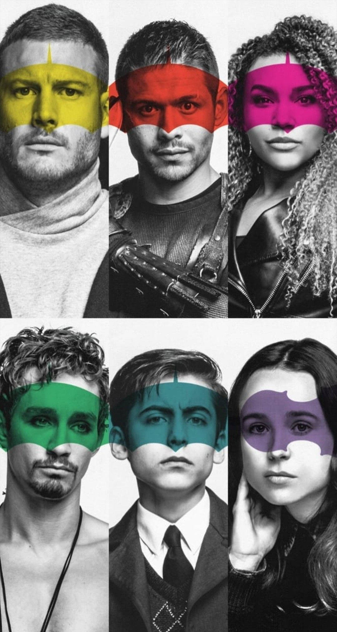 The Umbrella Academy, colored geometric masks, black and white backgrounds, Full HD Phone Wallpaper