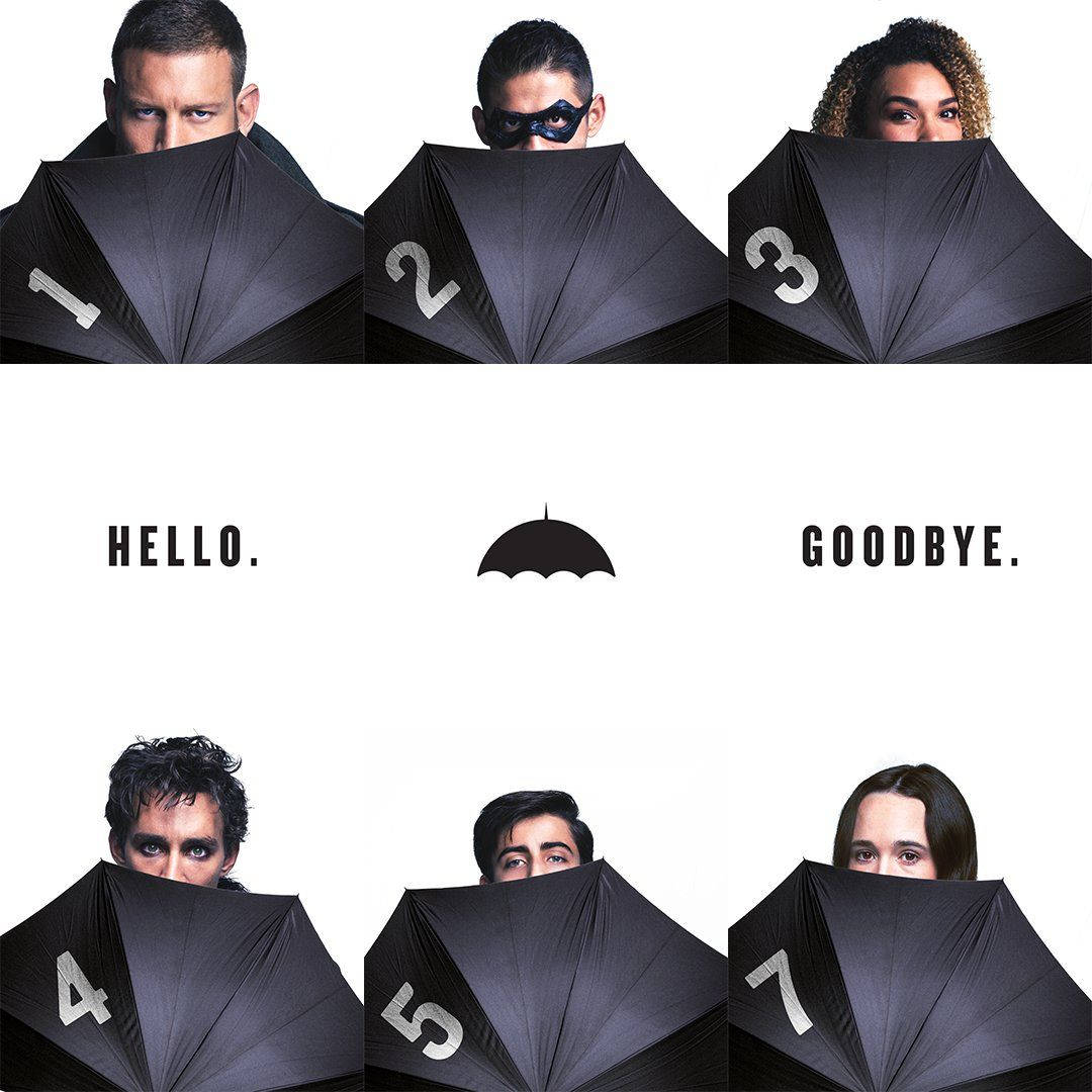 Umbrella Academy, black umbrellas, numbered one to seven, SD Desktop Wallpaper