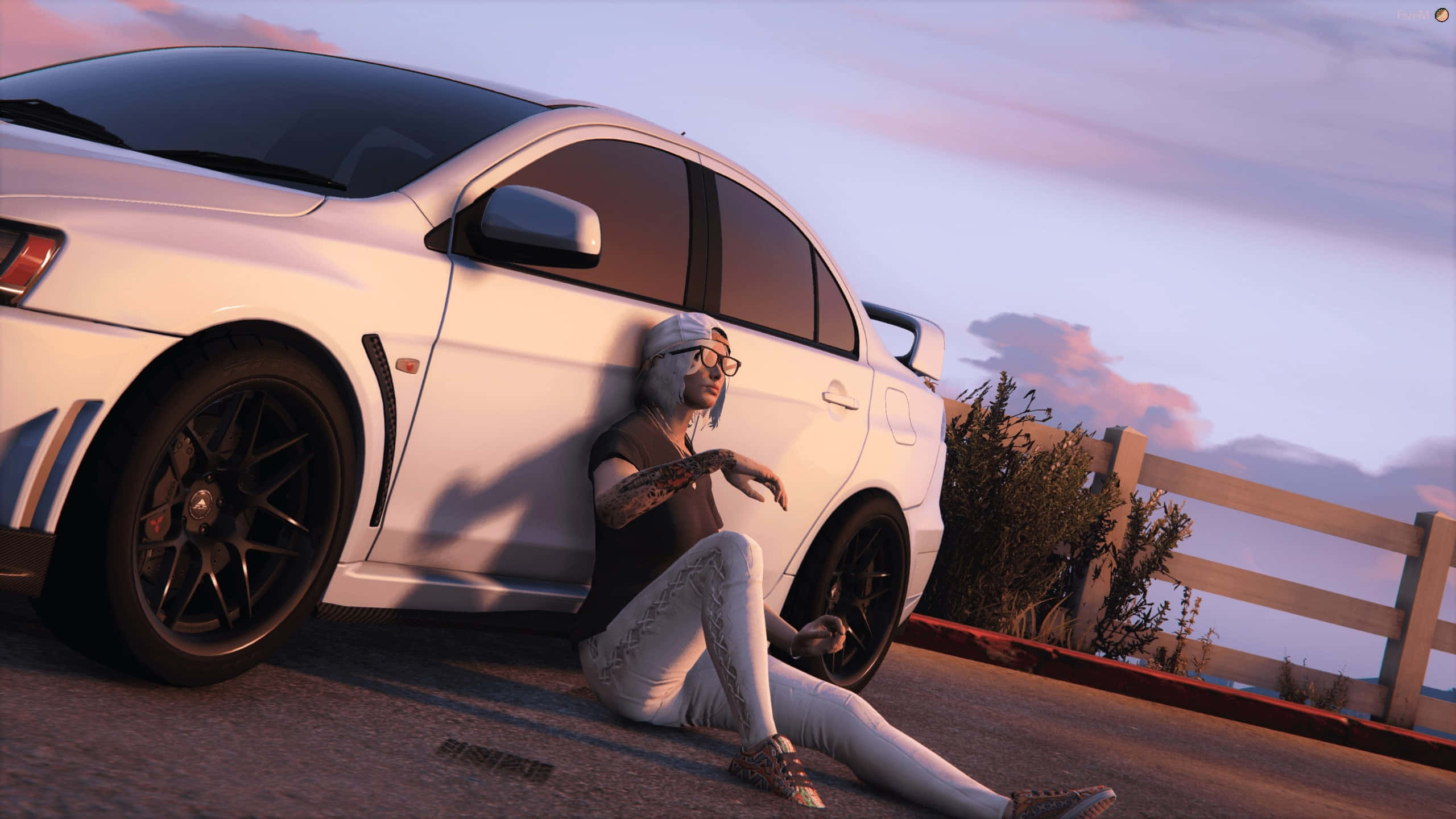 Fivem, white sports car, sunset, 2K Desktop Wallpaper