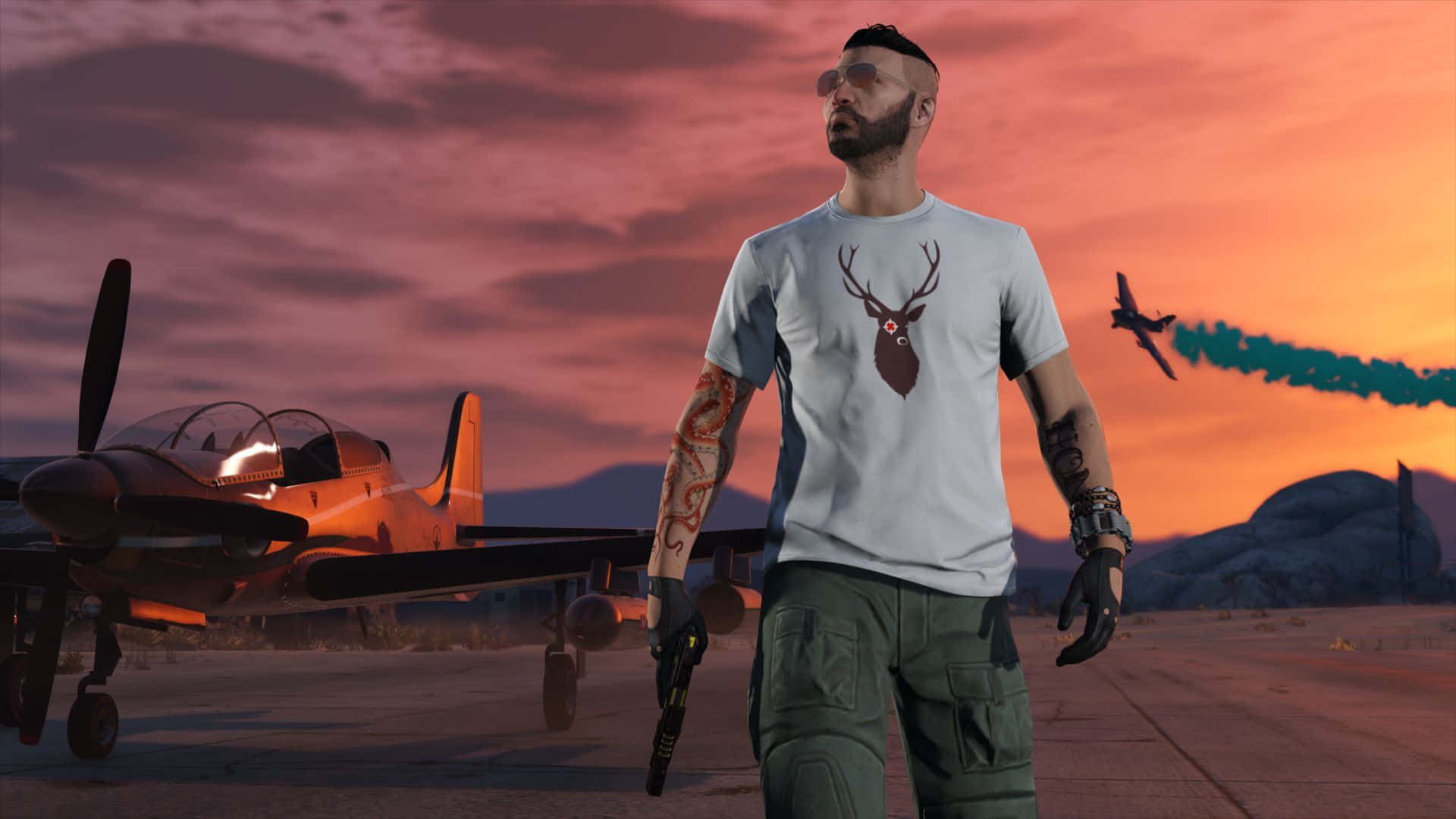 Fivem, deer-print tee, vintage plane, Full HD Desktop Wallpaper