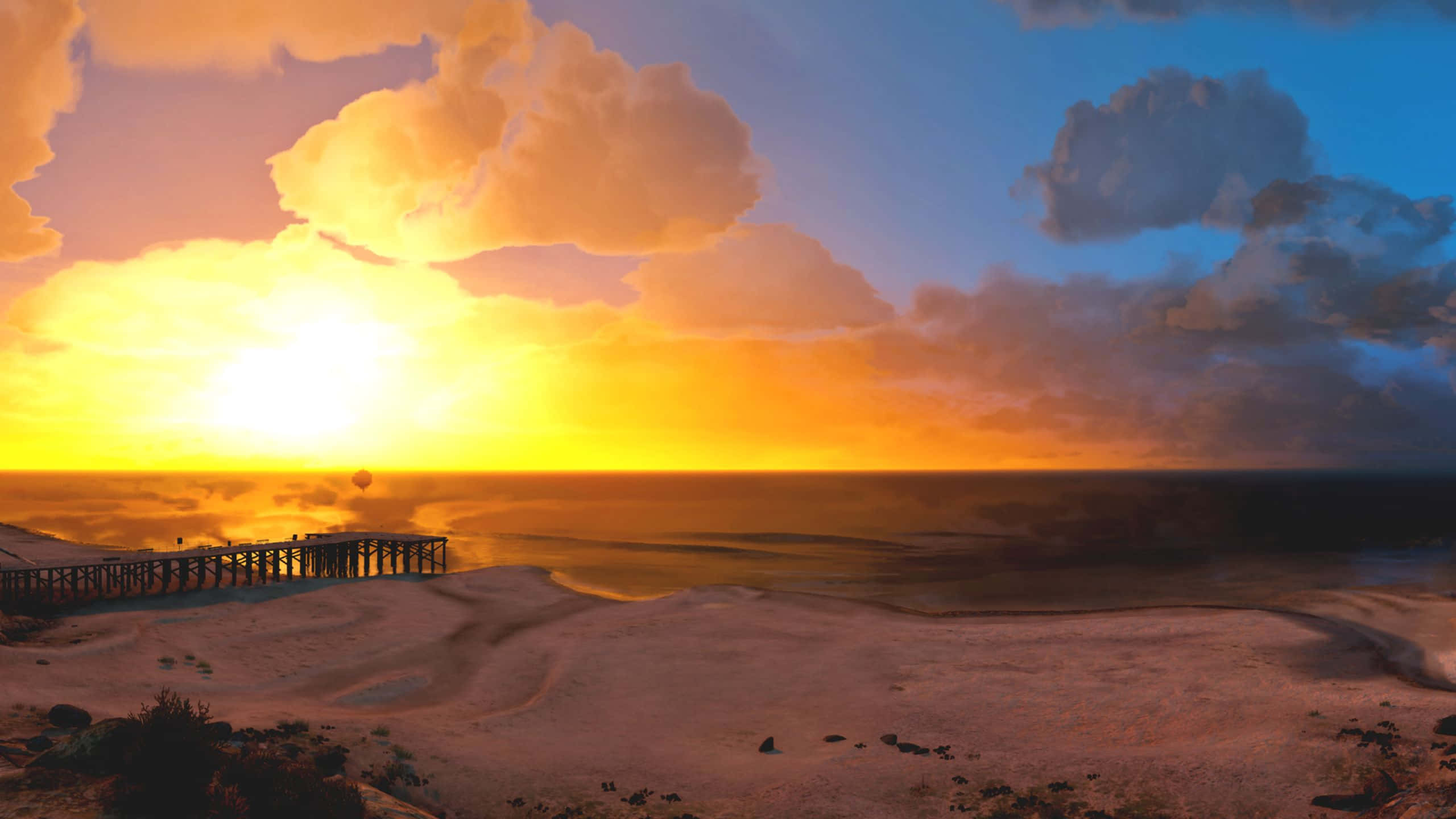 FiveM, sunset, wooden pier, 2K Desktop Wallpaper
