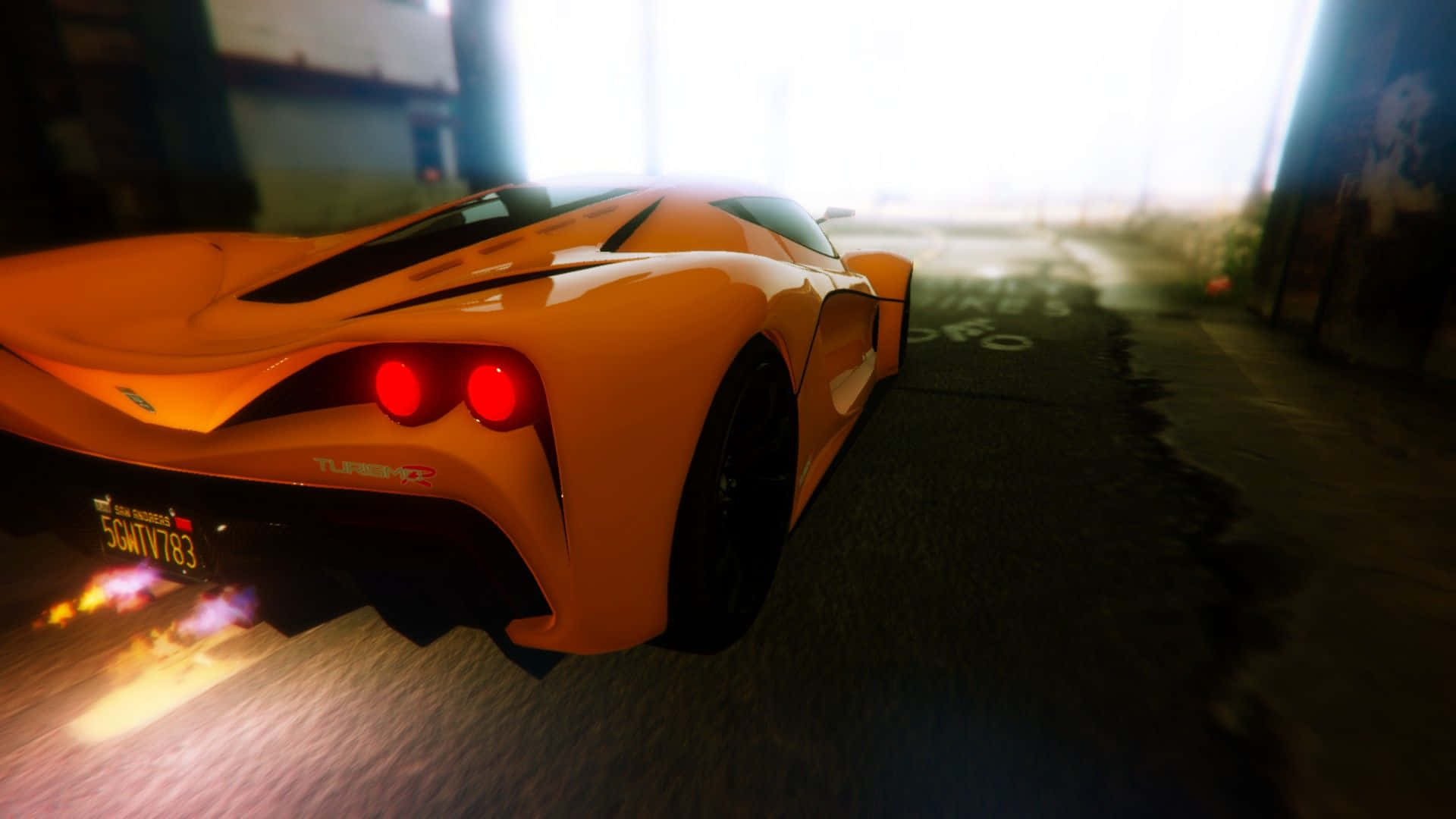 FiveM, vibrant orange sports car, glowing red taillights, Full HD Desktop Wallpaper
