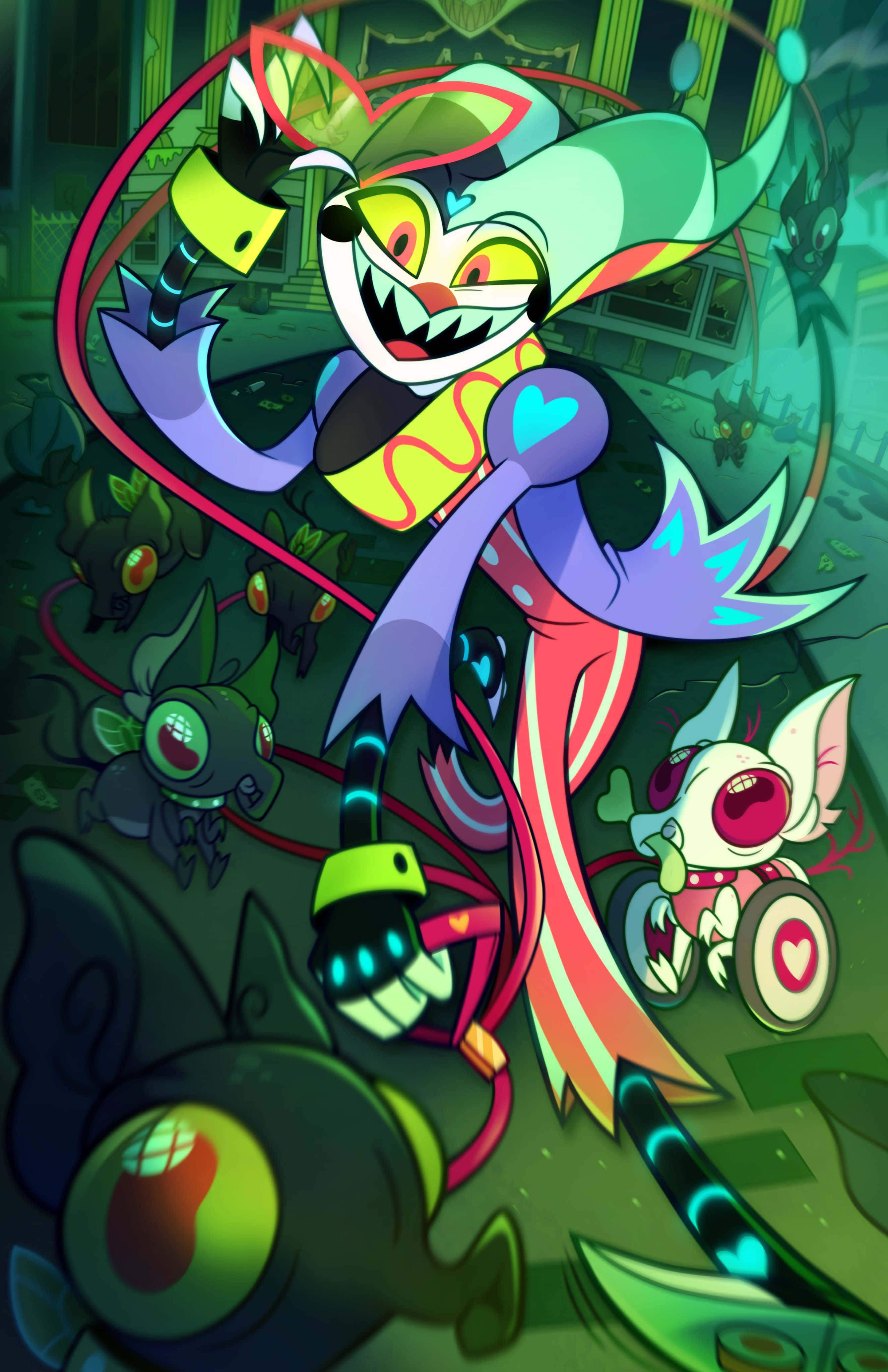 Fizzarolli, vibrant carnival chaos, cartoon devil, 4K Phone Wallpaper