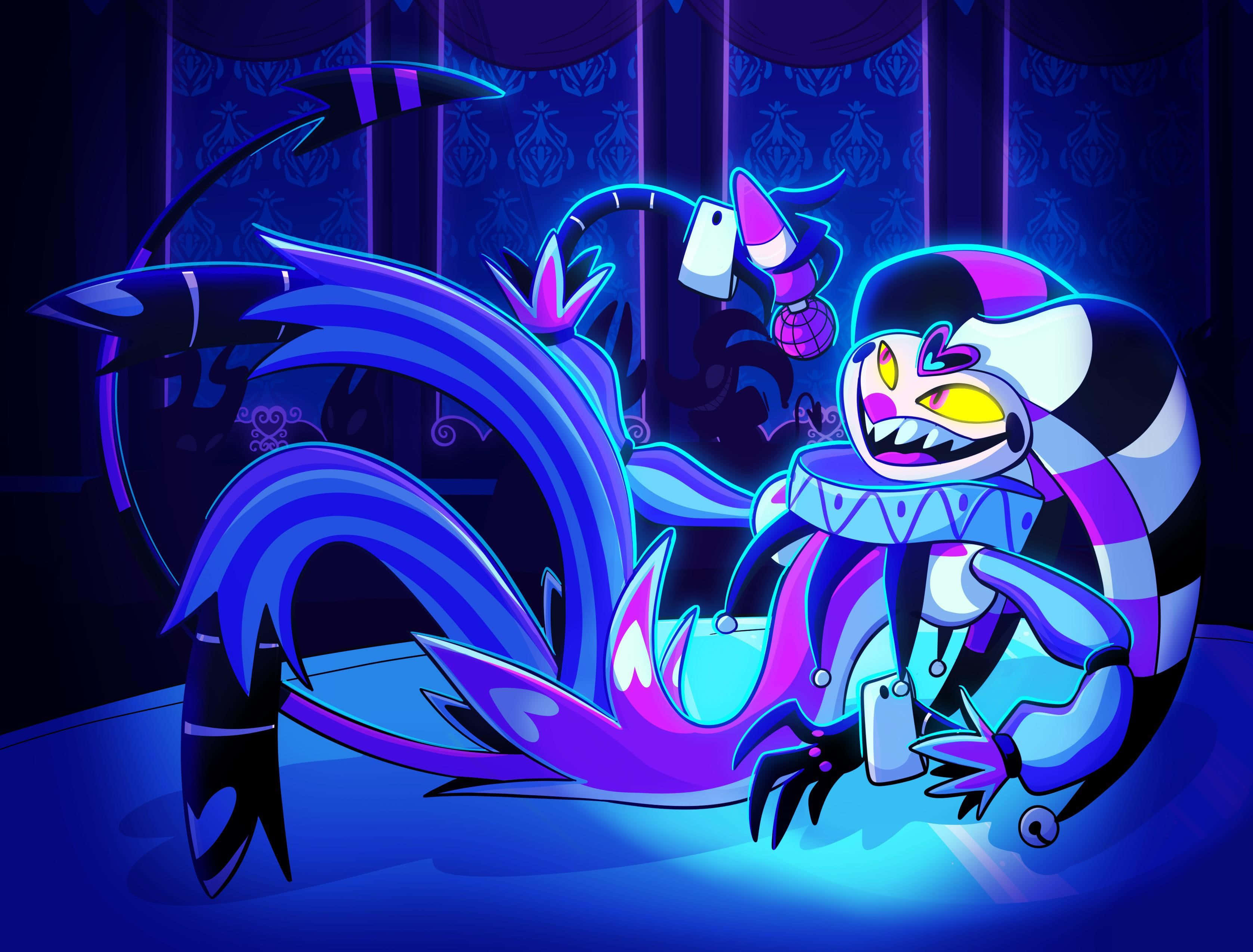 Fizzarolli, purple and black striped, glowing yellow eyes, 2K Desktop Wallpaper