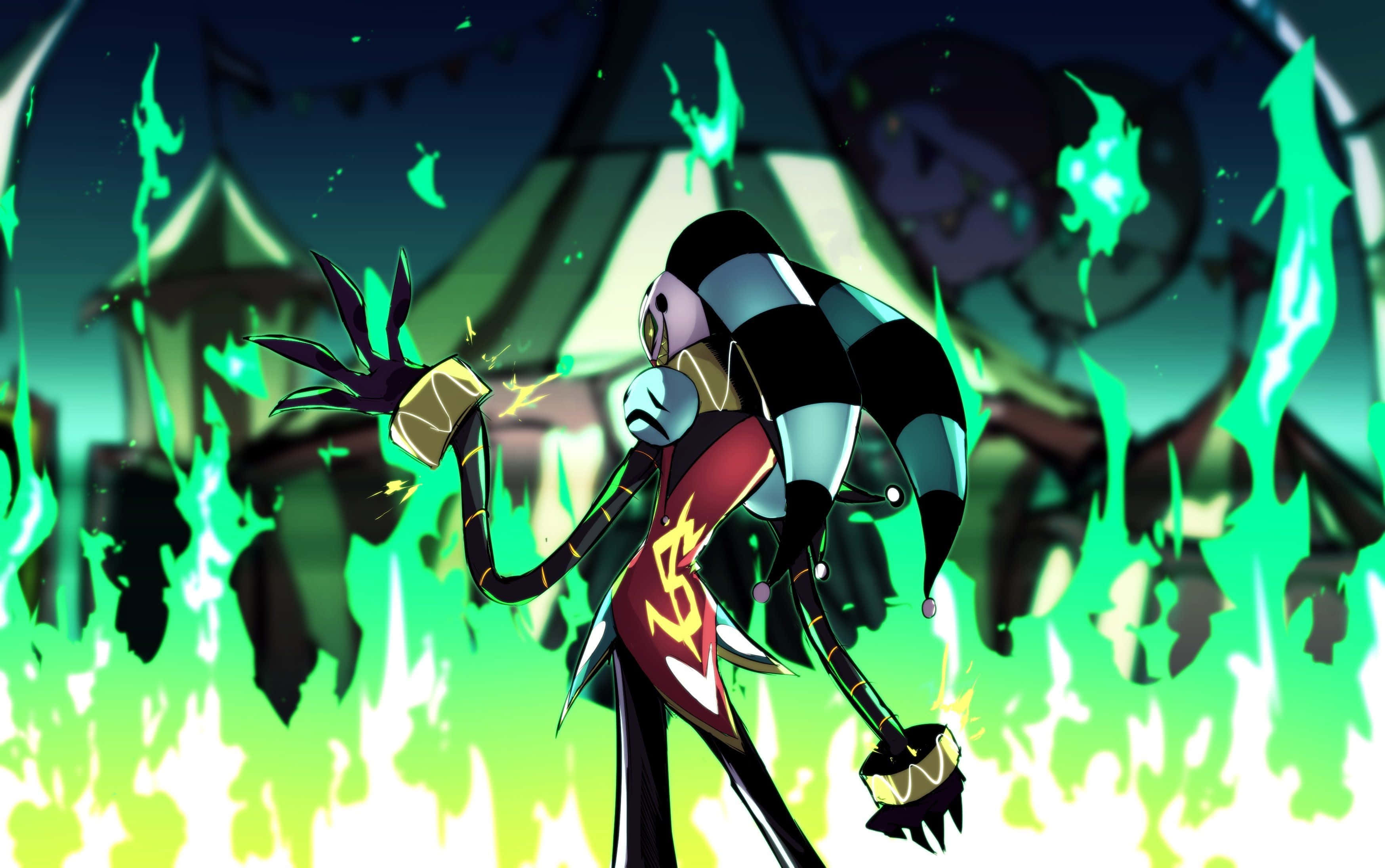 animated jester, green flames, jester outfit, 2K Desktop Wallpaper