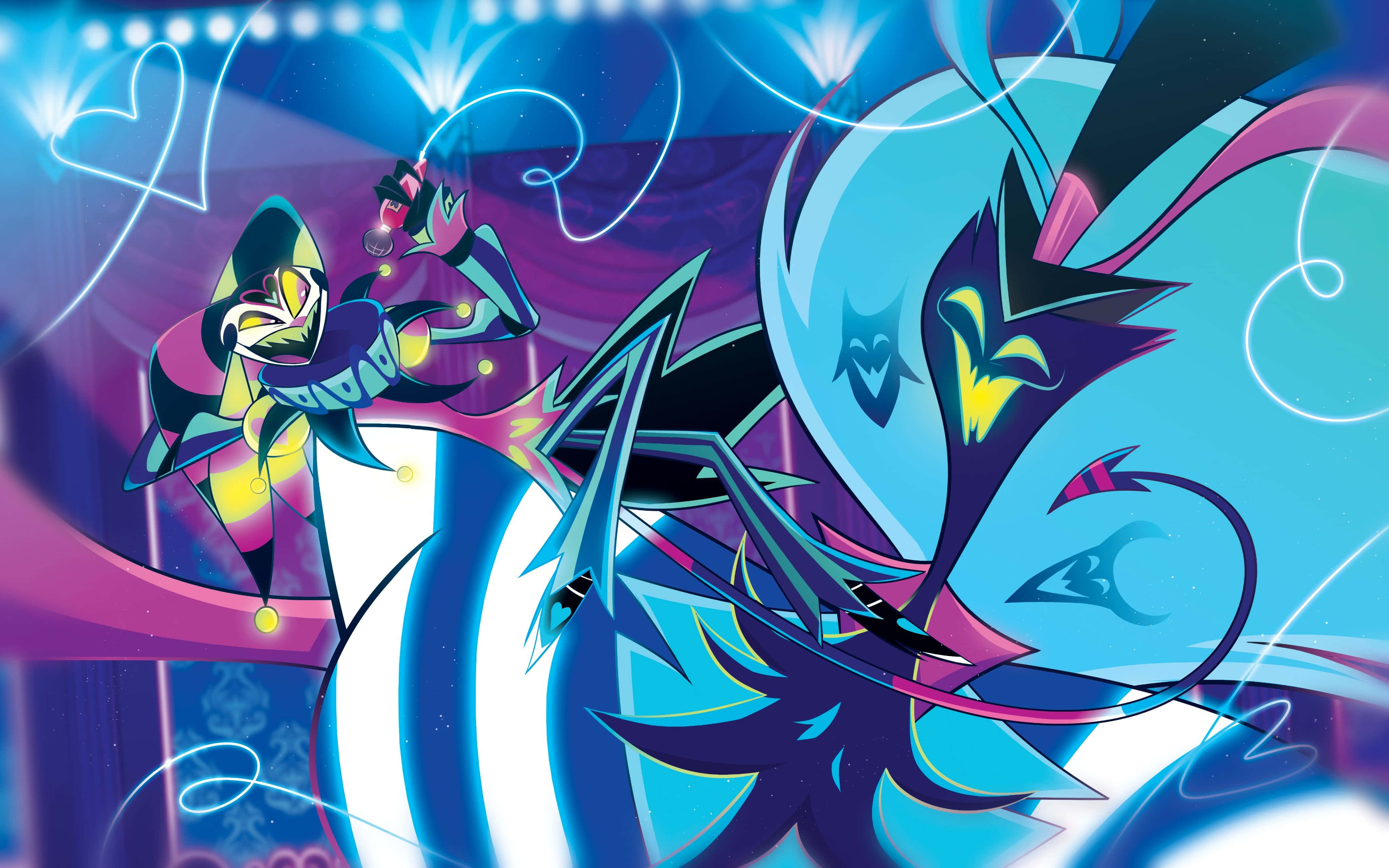 animated fizzarolli character, neon lights, swirling energy effects, 4K Desktop Wallpaper