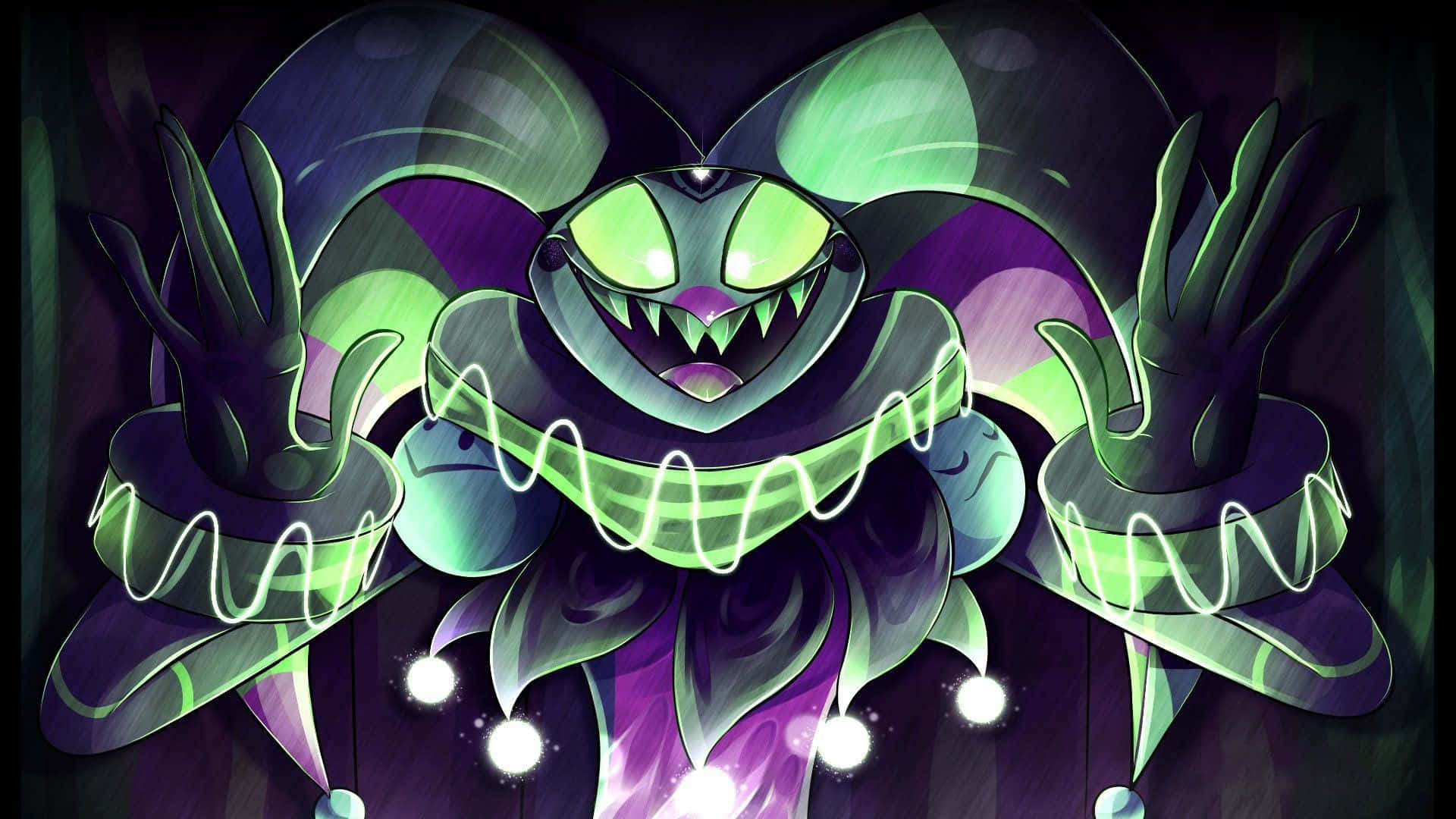 Animated Fizzarolli Evil Grin, green-eyed jester, sharp teeth, Full HD Desktop Wallpaper