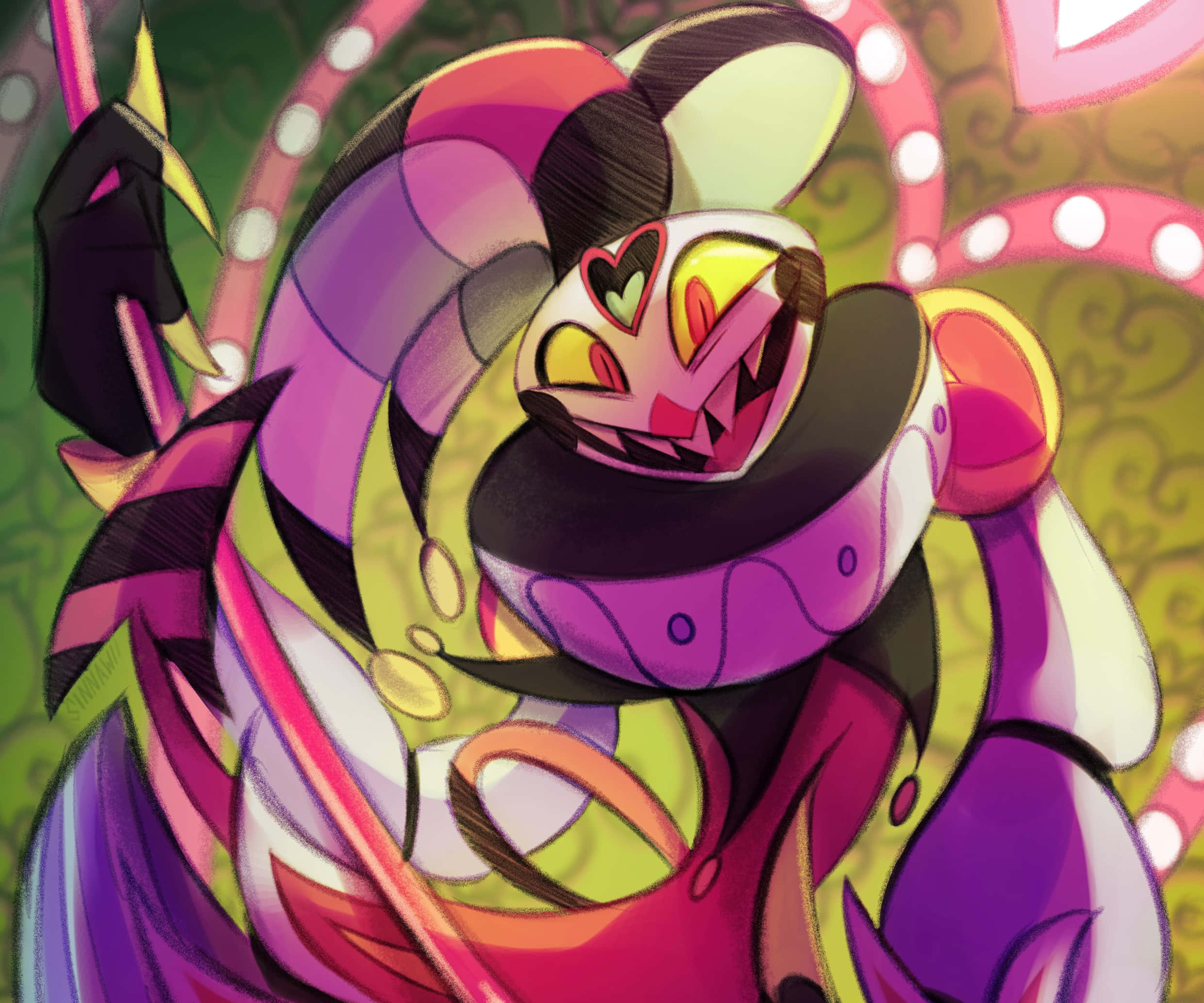 Fizzarolli, purple and pink striped body, heart-shaped eyes, Full HD Desktop Wallpaper