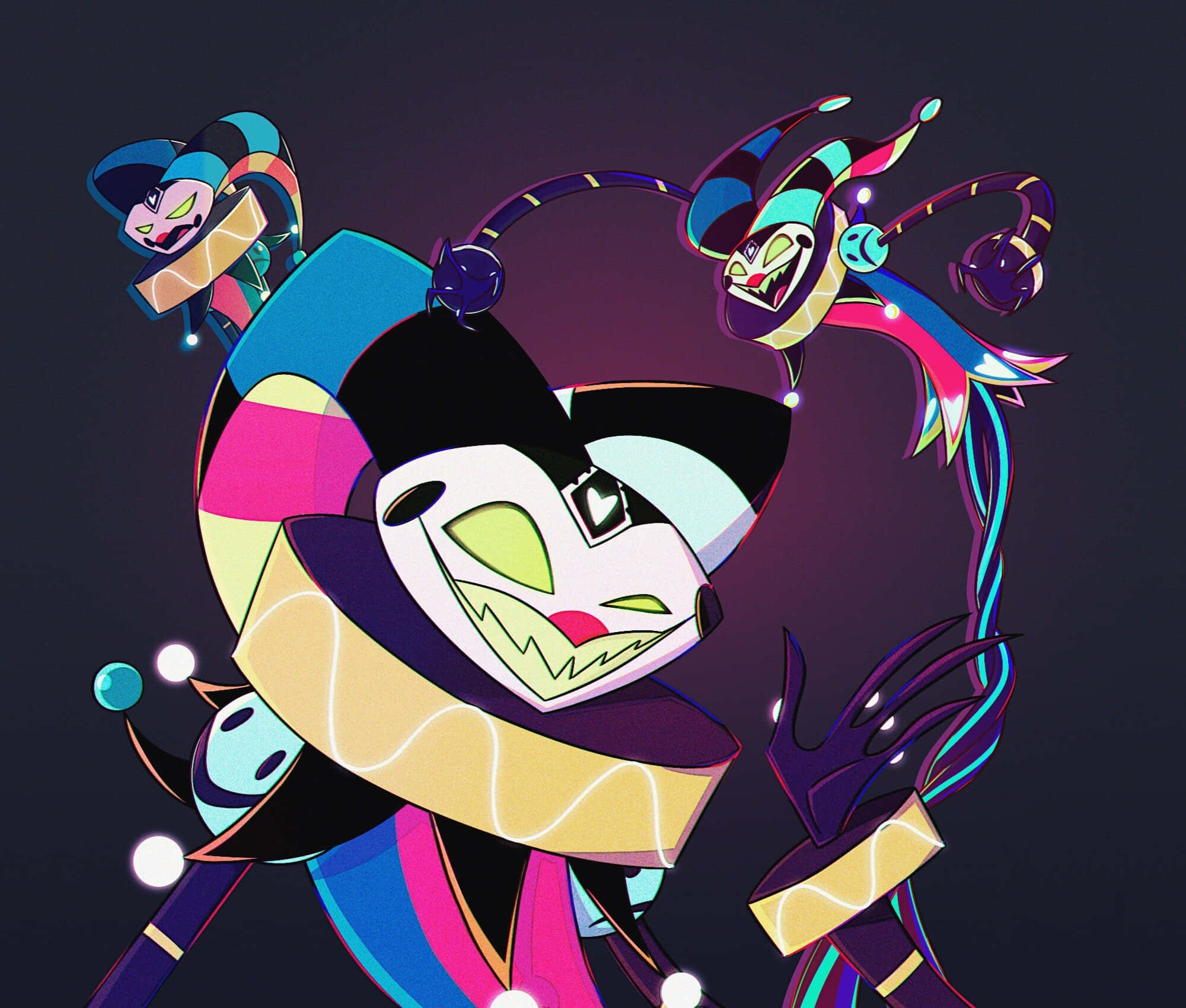 colorful animated jester characters, vibrant cartoon jester, wide grin, Full HD Desktop Wallpaper