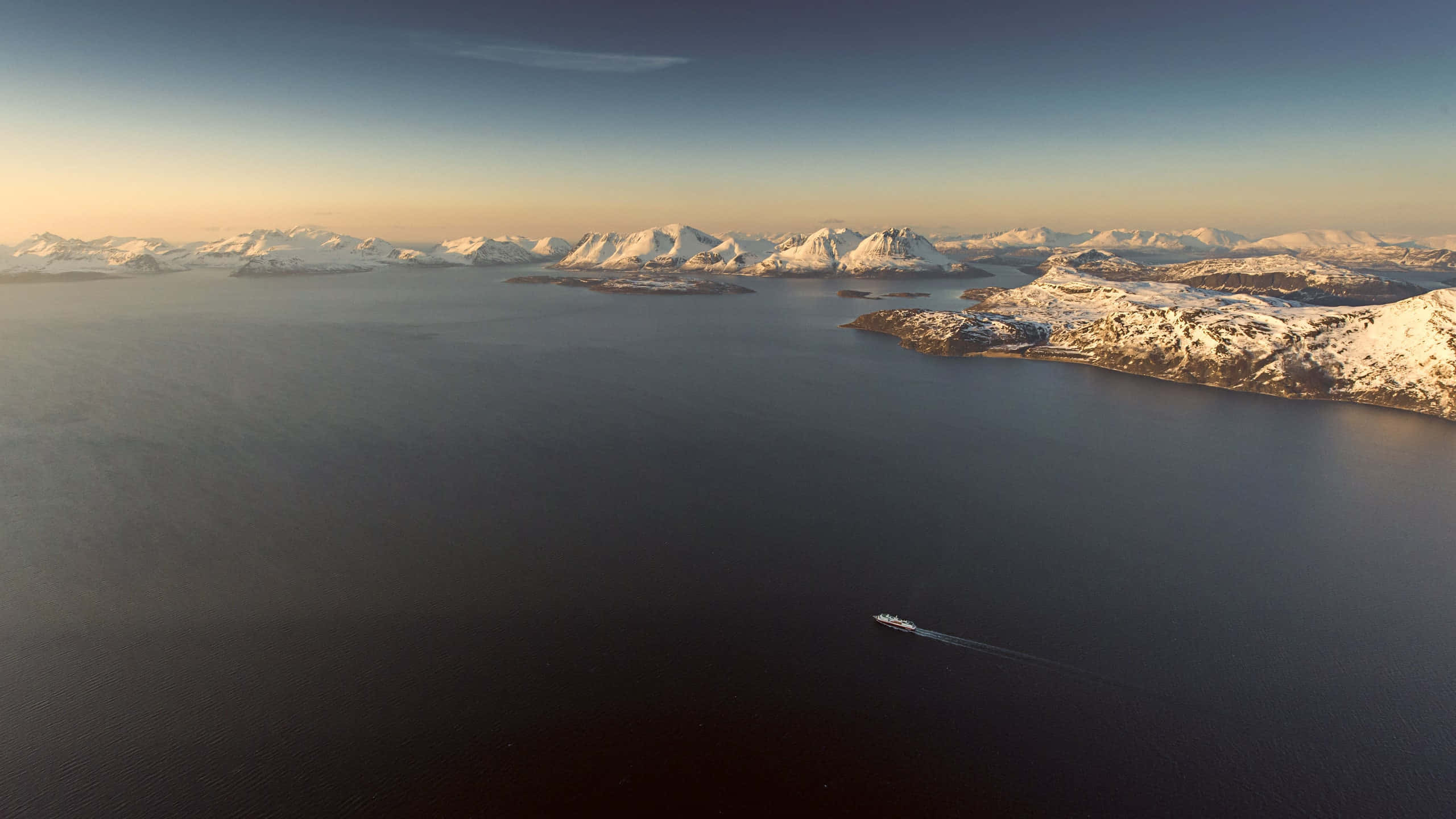 aerial view, snowy fjord, lone boat, 2K Desktop Wallpaper