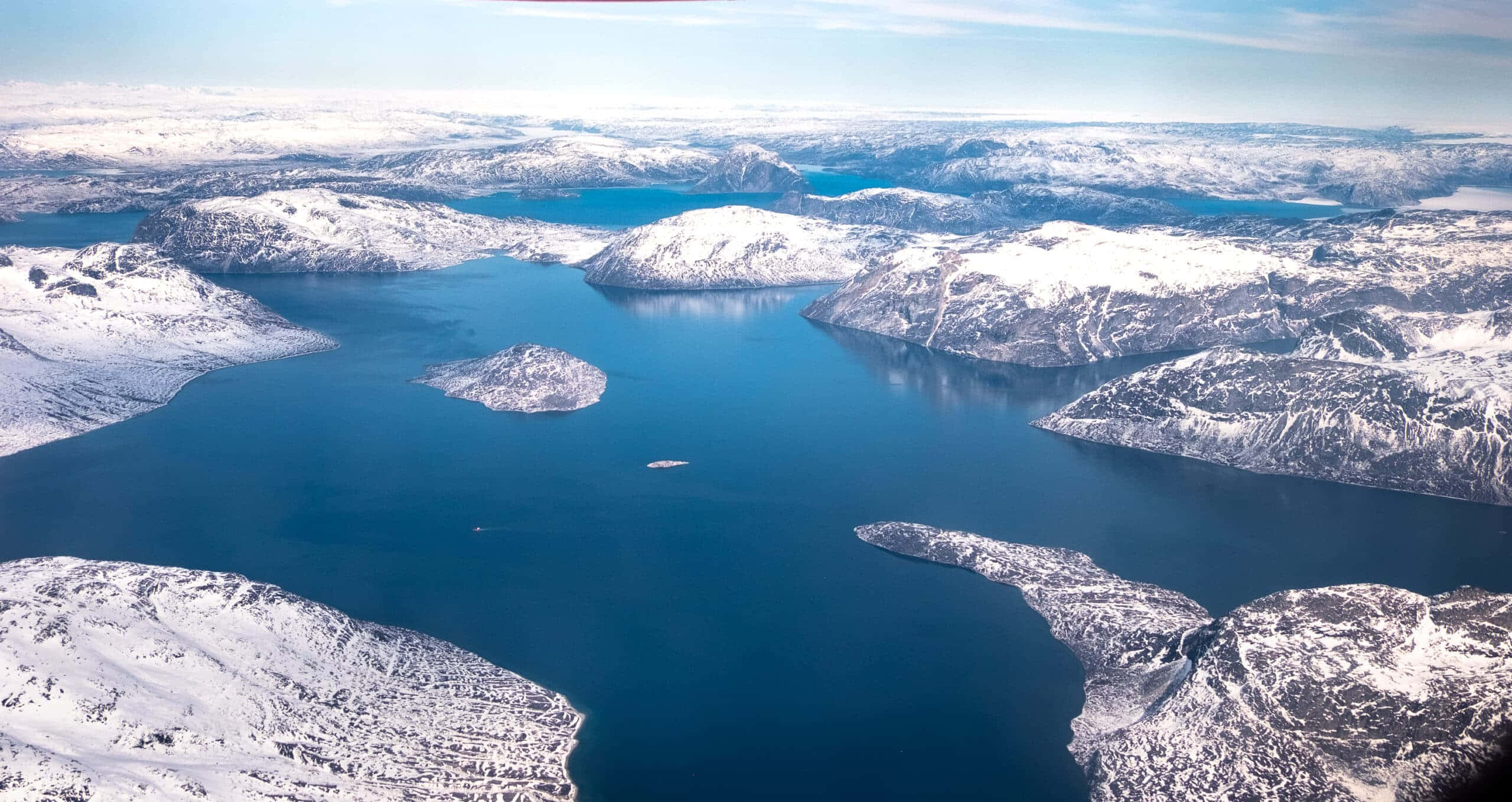 aerial view, snowy fjord landscape, deep blue fjord, 2K Desktop Wallpaper