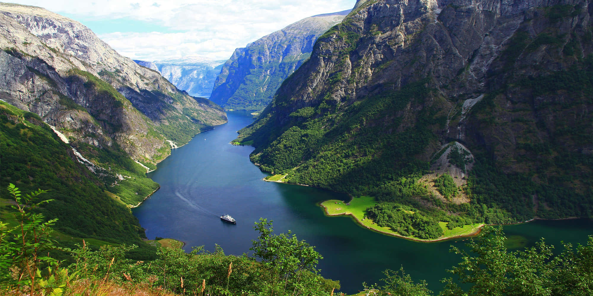 fjord, green cliffs, bright sky, Full HD Desktop Wallpaper