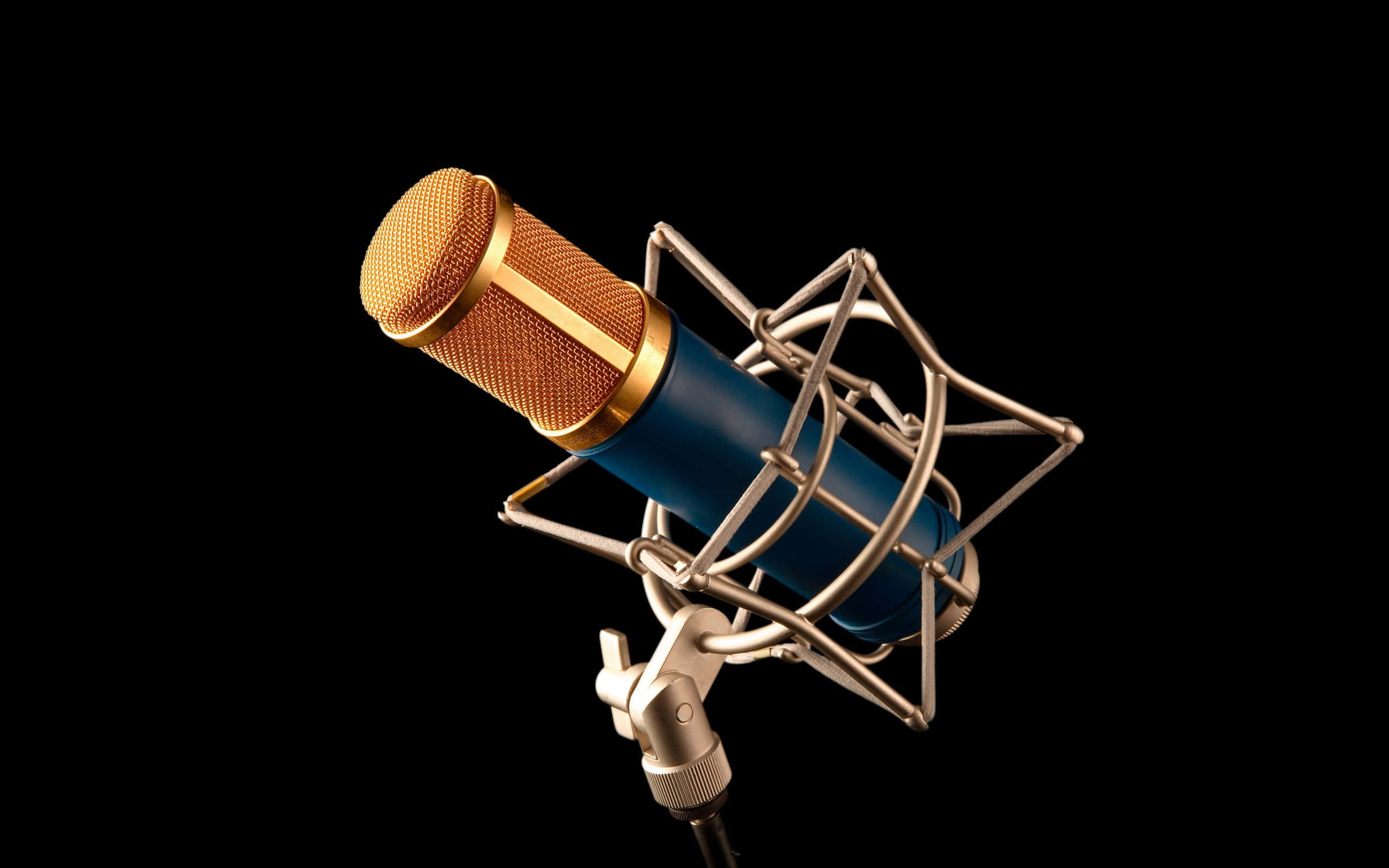 Fl Studio, blue condenser microphone, gold grille, 2K Desktop Wallpaper