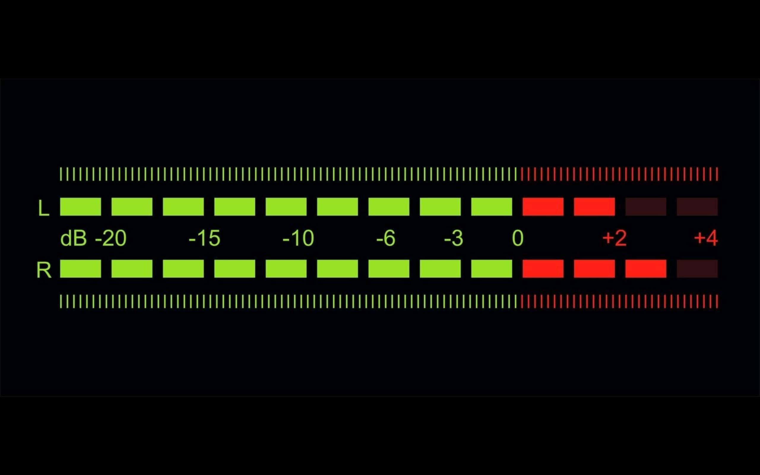 Fl Studio, digital audio level meter, green and red bars, 2K Desktop Wallpaper