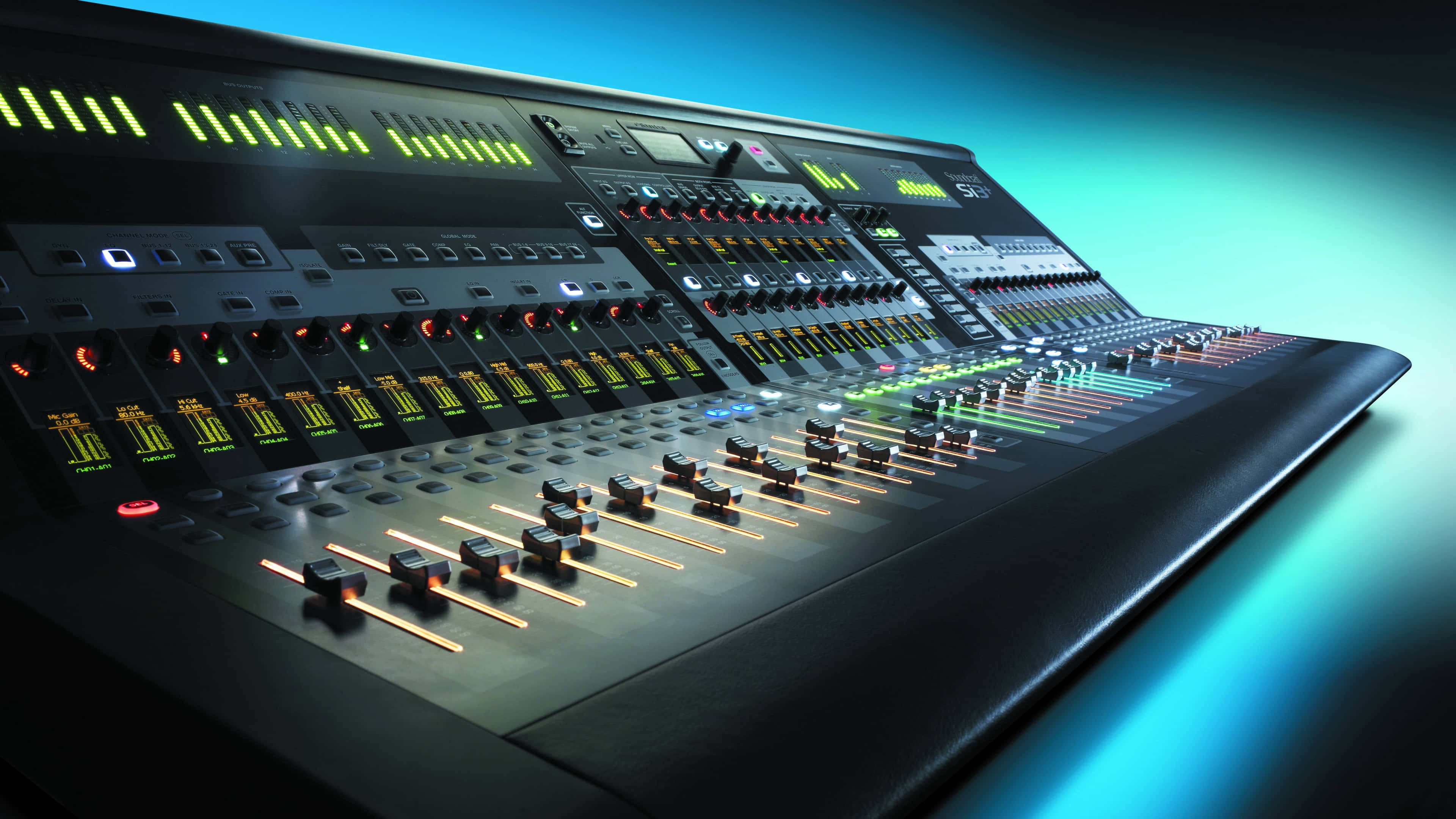 FL Studio, sleek black audio mixing console, glowing green and orange lights, 4K Desktop Wallpaper