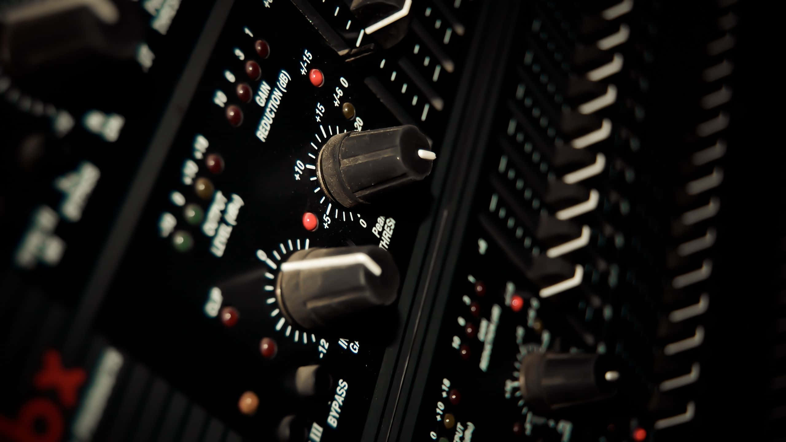 Fl Studio, black audio mixer, glowing red knobs, 2K Desktop Wallpaper