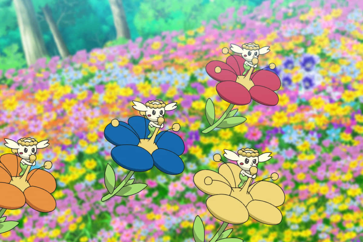 Flabébé, field, colorful oversized flowers, SD Desktop Wallpaper