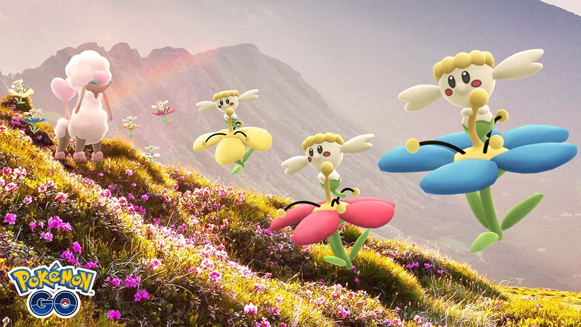 Flabébé, Floral Pokémon, sunlit hillside, Full HD Desktop Wallpaper