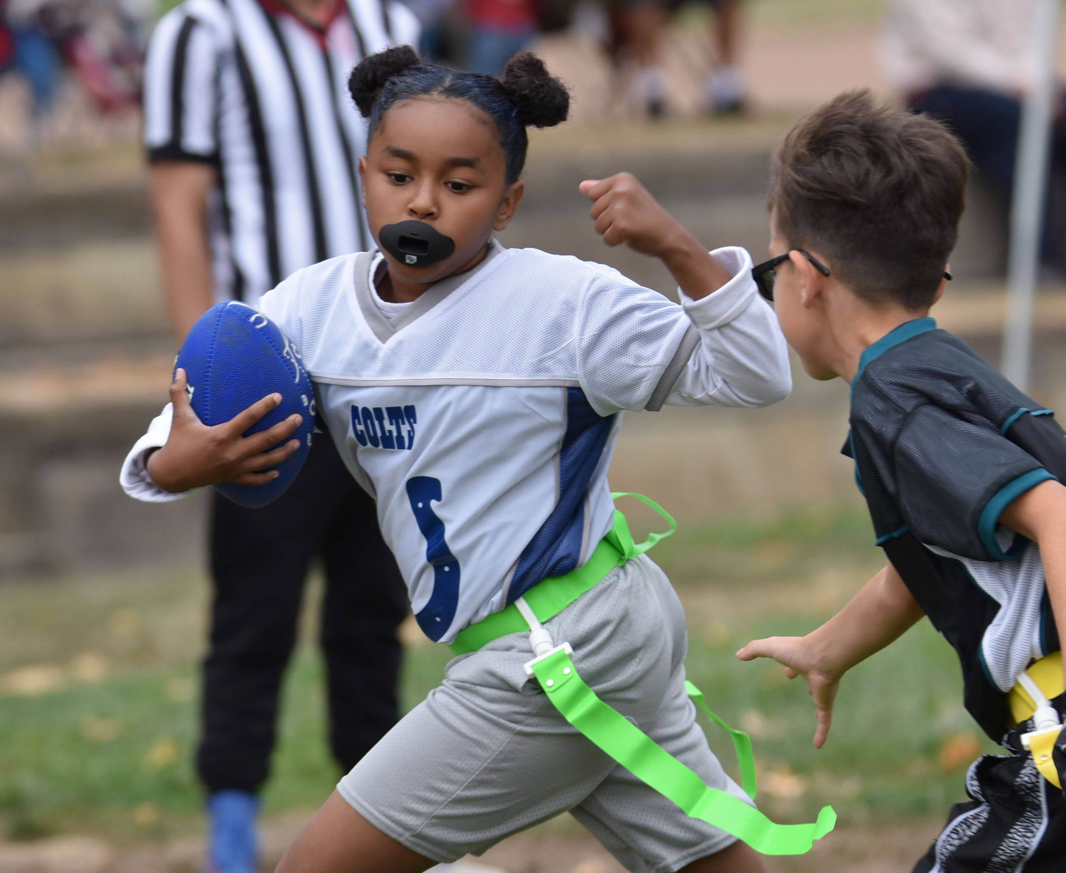 kids flag football tryouts season, white football jersey, blue ball, Full HD Desktop Wallpaper