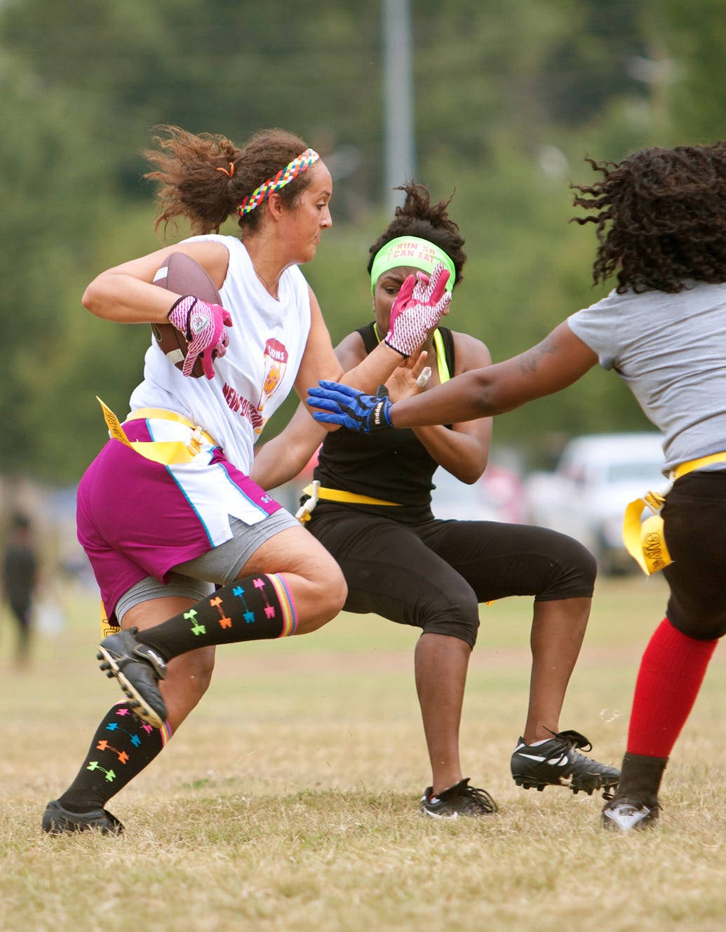 female flag football players, grassy field, tackled, HD Phone Wallpaper