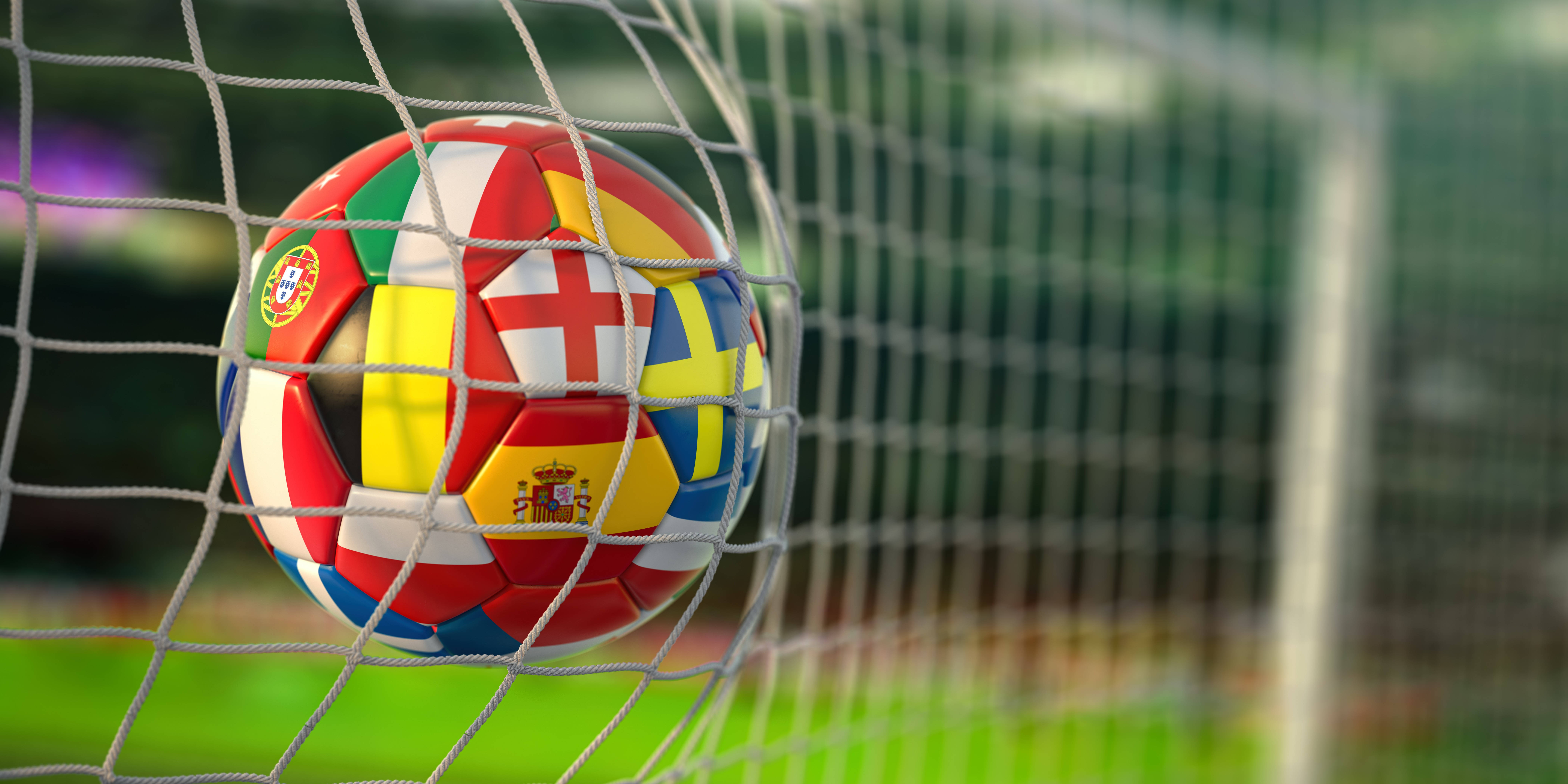 soccer ball, European flags, goal net, 8K Desktop Wallpaper