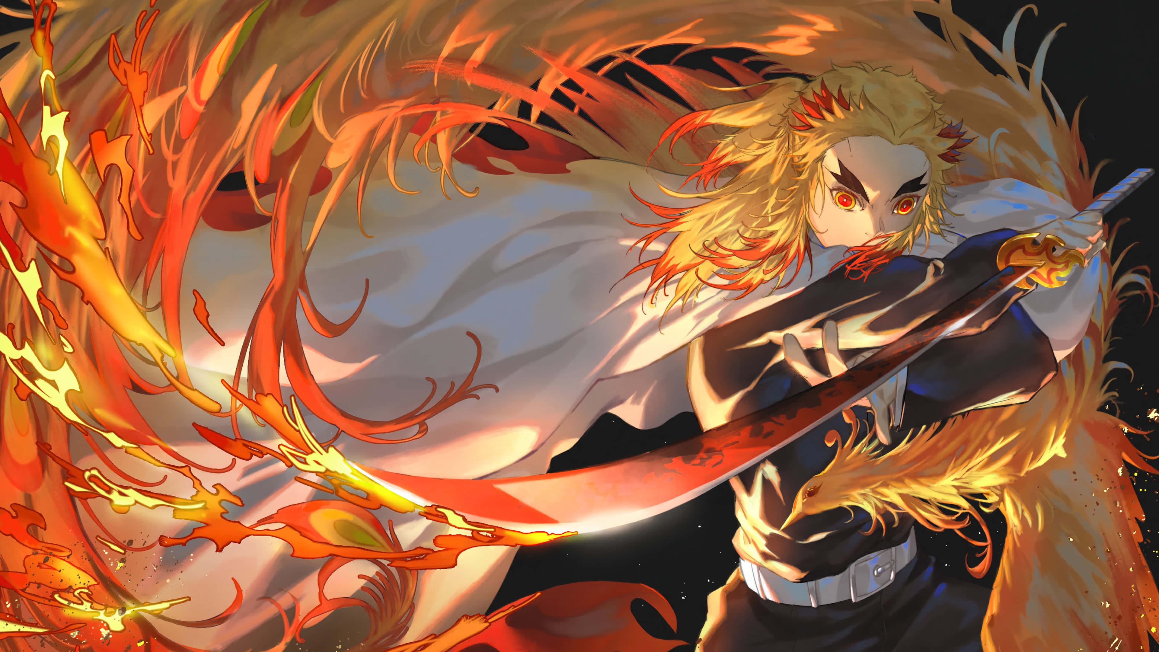 Flame Hashira, fiery-haired anime warrior, swirling flames, 4K Desktop Wallpaper