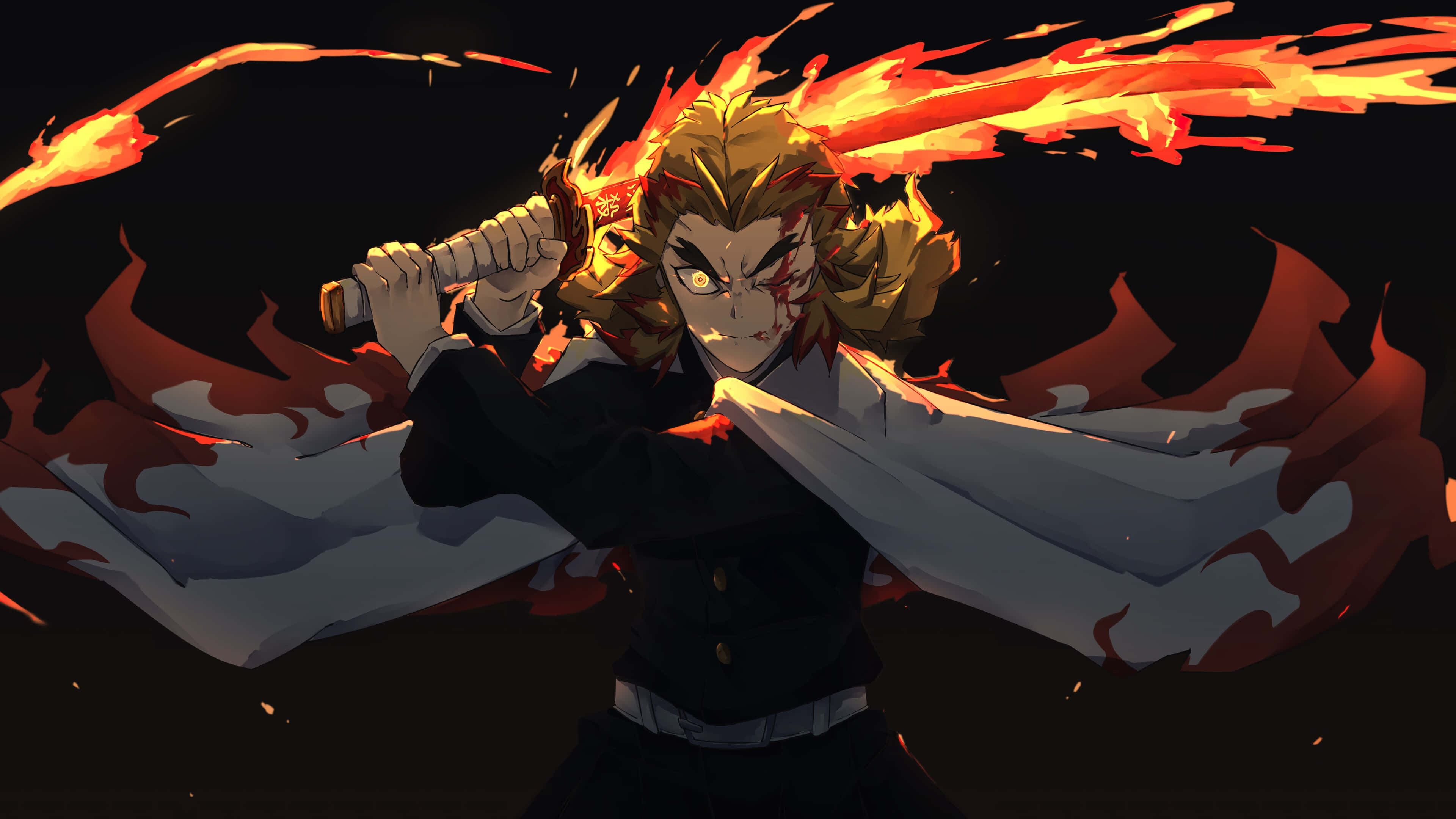 Flame Hashira, fiery-haired anime warrior, sword, 4K Desktop Wallpaper