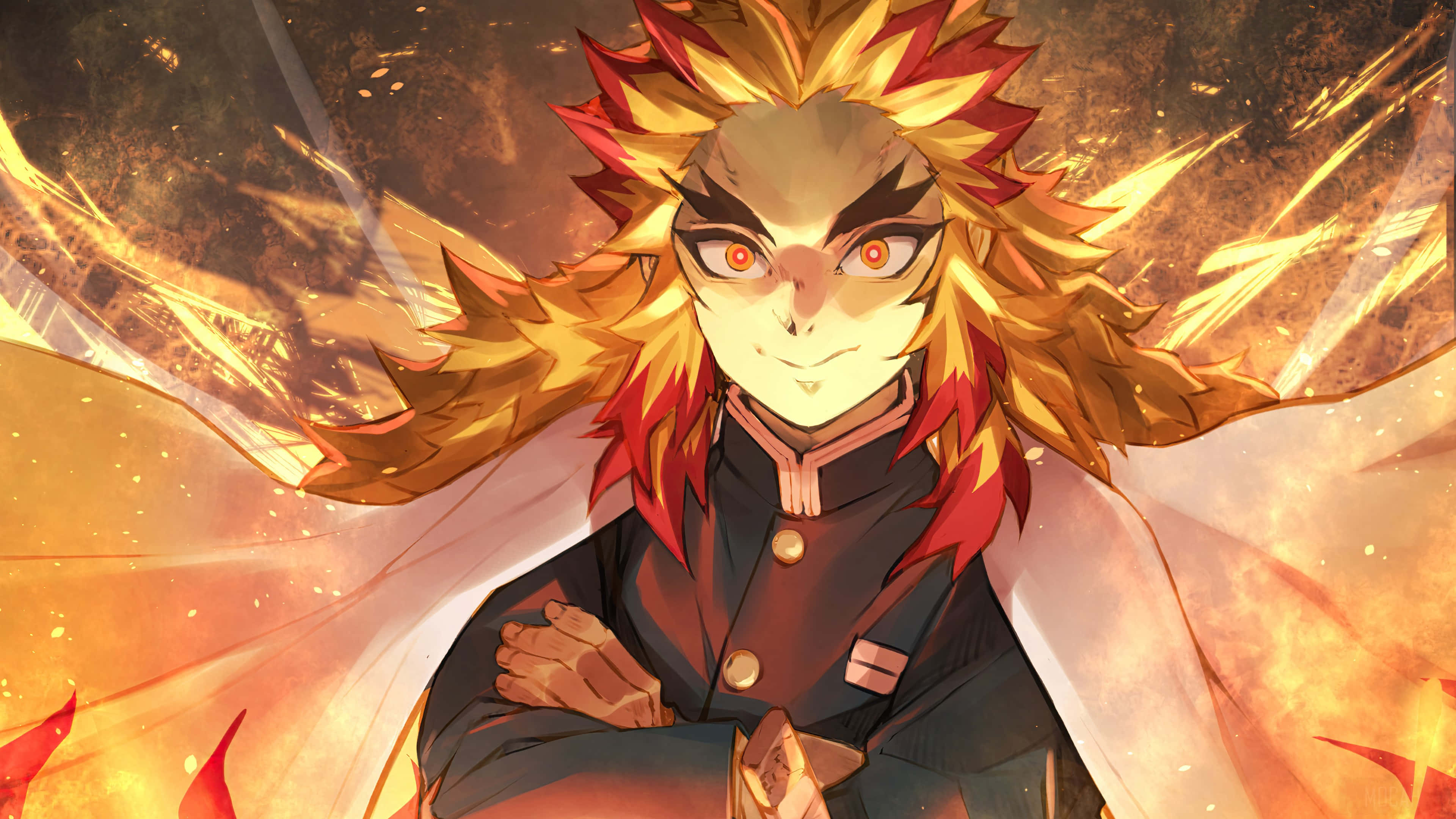 Flame Hashira, fiery-haired anime warrior, glowing red eyes, 4K Desktop Wallpaper