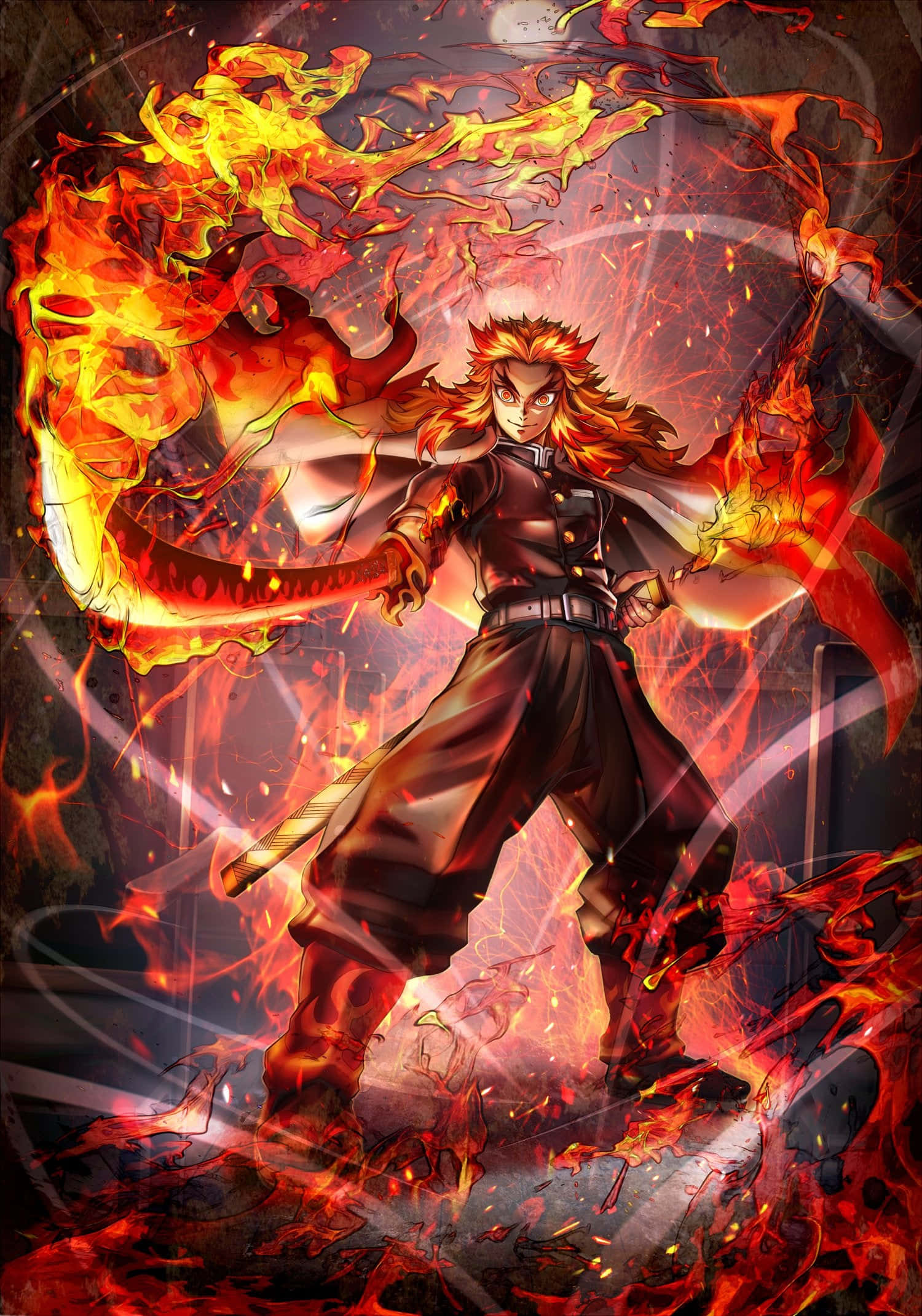 Flame Hashira, demon slayer corps, flaming sword, Full HD Phone Wallpaper